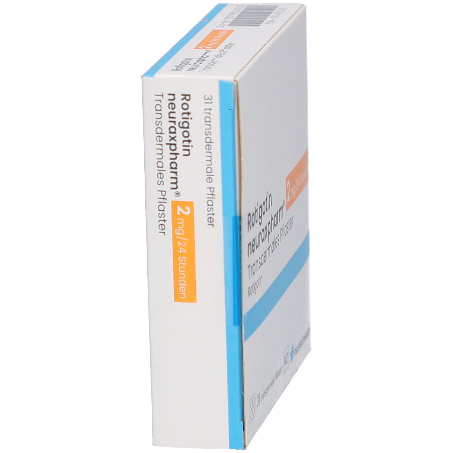 Schachtel, Seitenansicht. Aufschrift: Rotigotin neuraxpharm 2 mg/24 Stunden, transdermales Pflaster. 31 Pflaster.