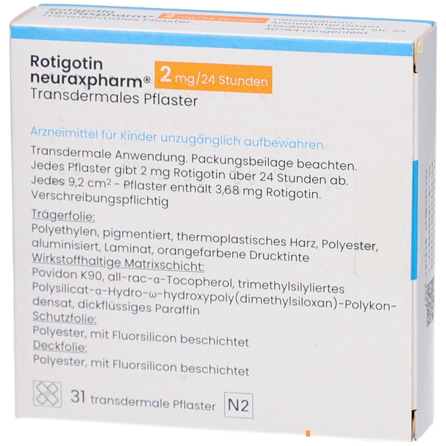 Rückseite der Schachtel mit Produktinformationen. Enthält Informationen zu Inhaltsstoffen und Anwendung.