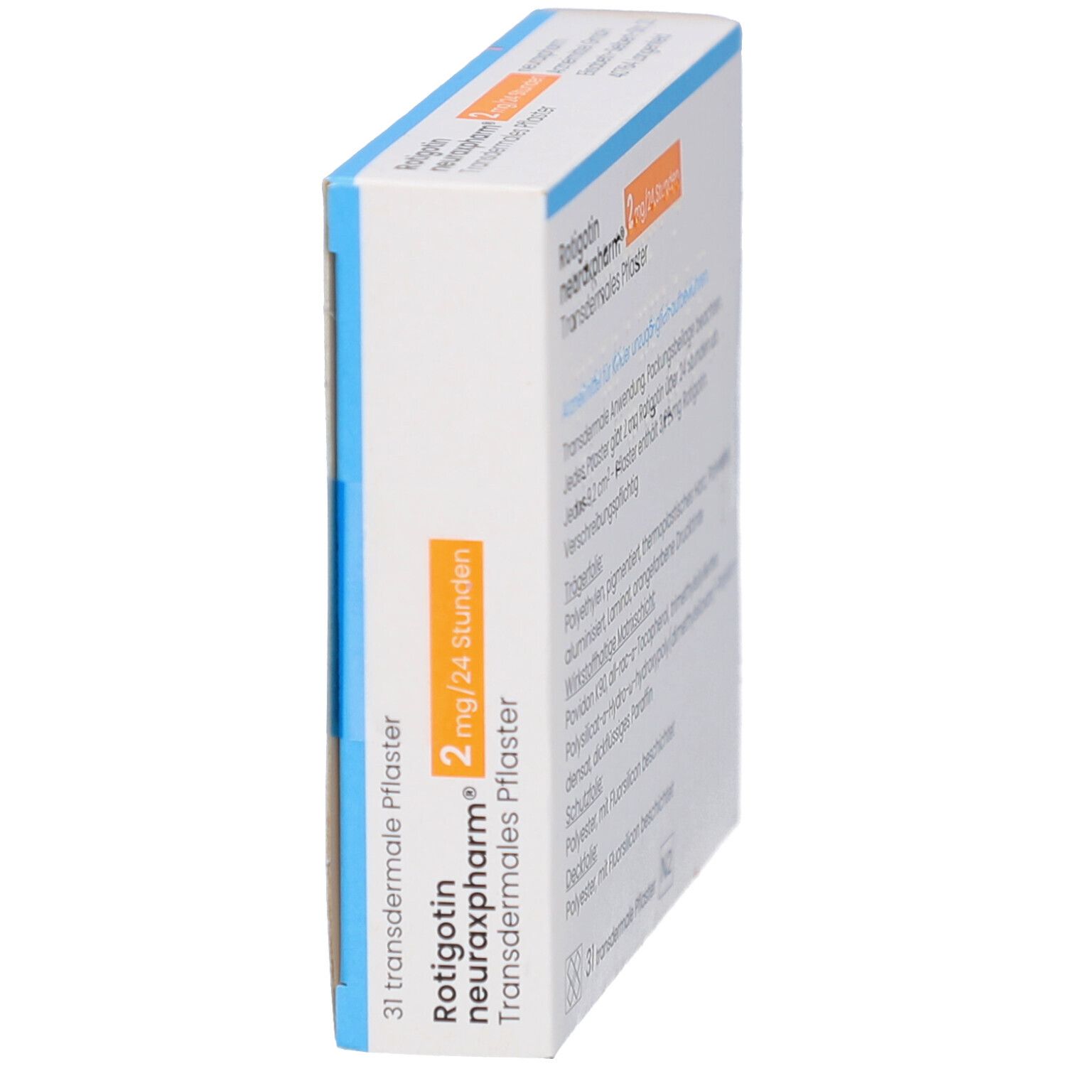 Schachtel, Seitenansicht. Aufschrift: Rotigotin neuraxpharm 2 mg/24 Stunden, transdermales Pflaster. 31 Pflaster.
