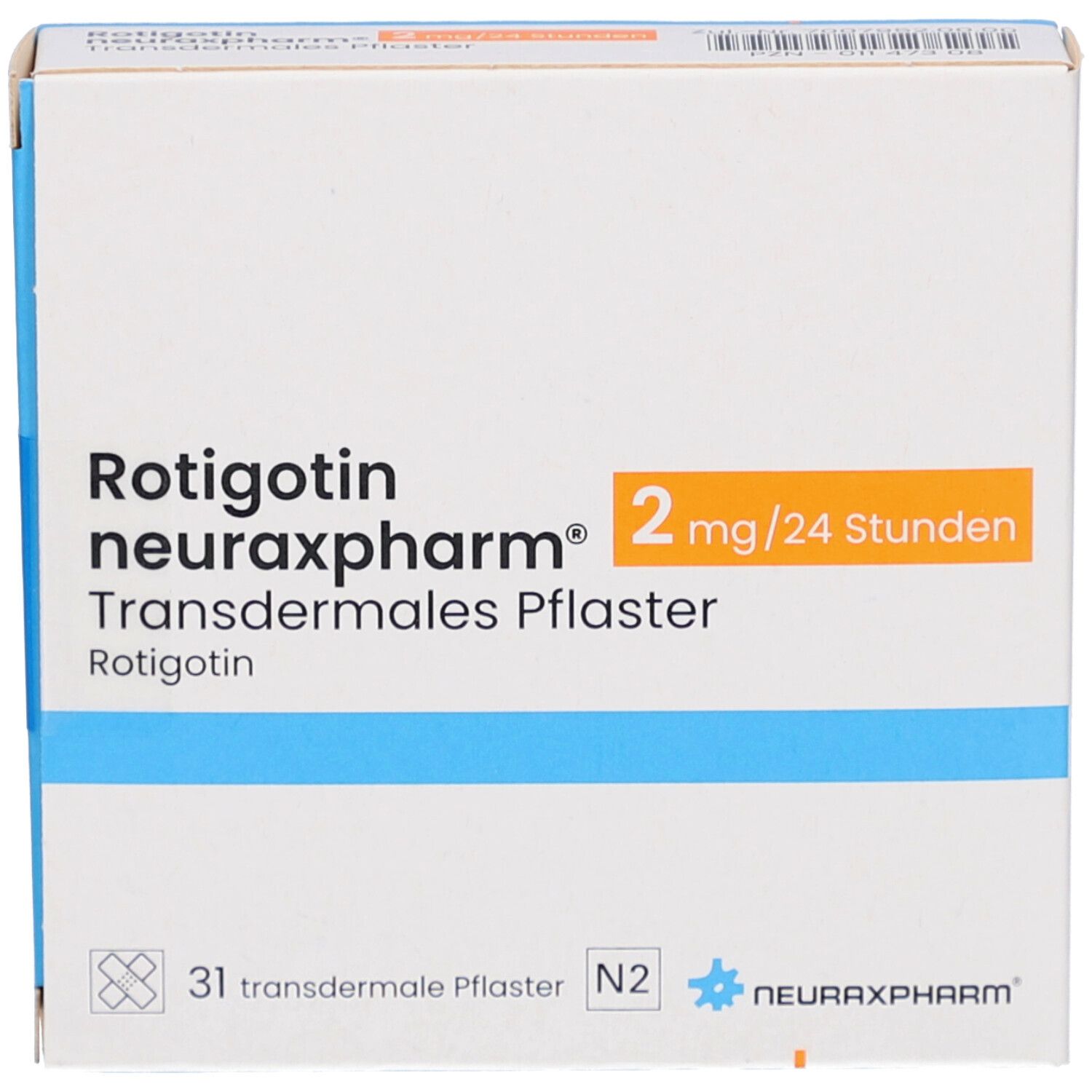 Schachtel mit Produktinformationen. Aufschrift: Rotigotin neuraxpharm 2 mg/24 Stunden, transdermales Pflaster. 31 Pflaster.