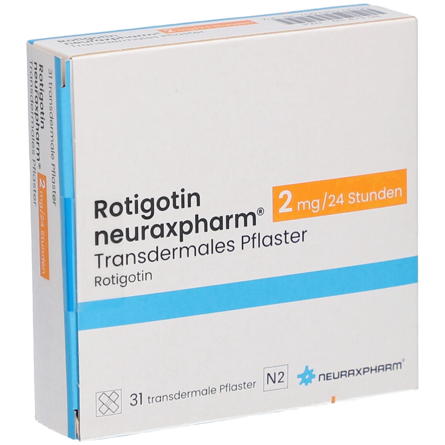 Schachtel mit Produktinformationen. Aufschrift: Rotigotin neuraxpharm 2 mg/24 Stunden, transdermales Pflaster. 31 Pflaster.