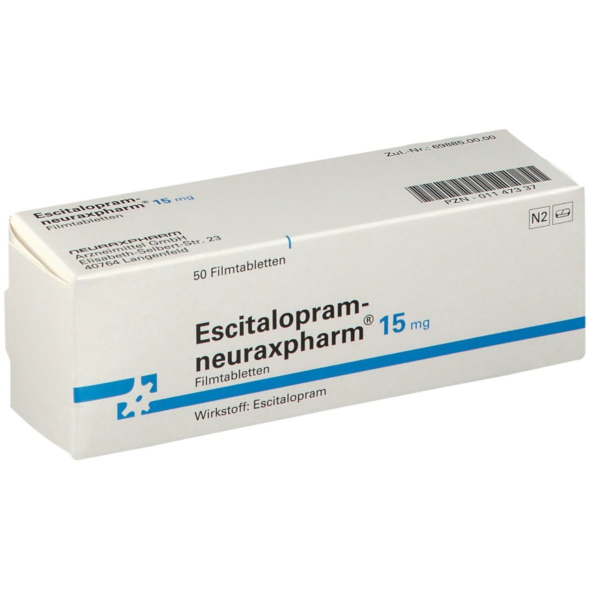 Schachtel mit Escitalopram neuraxpharm 15 mg Filmtabletten. Aufschrift: 50 Filmtabletten. Blaue und weiße Verpackung.