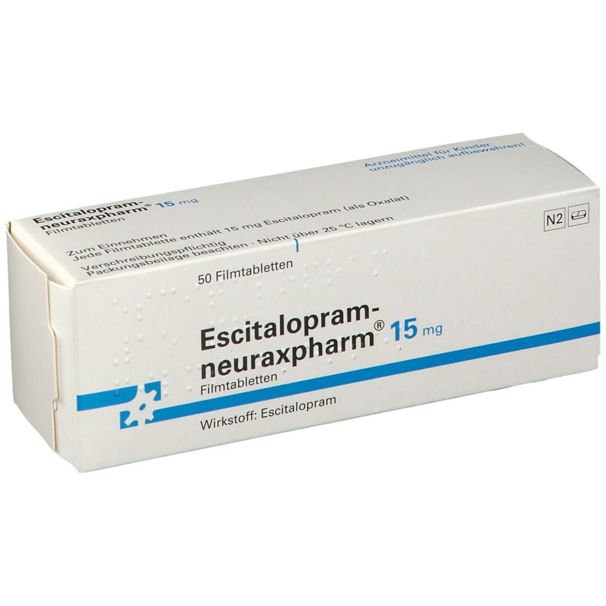 Schachtel mit Escitalopram neuraxpharm 15 mg Filmtabletten. Aufschrift: 50 Filmtabletten. Blaue und weiße Verpackung.