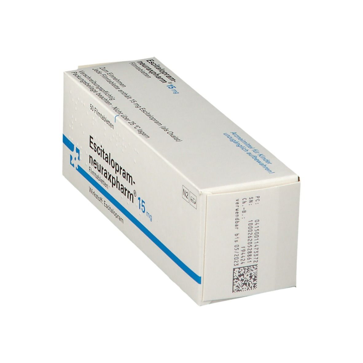 Schachtel mit Escitalopram neuraxpharm 15 mg Filmtabletten. Aufschrift: 50 Filmtabletten. Blaue und weiße Verpackung.