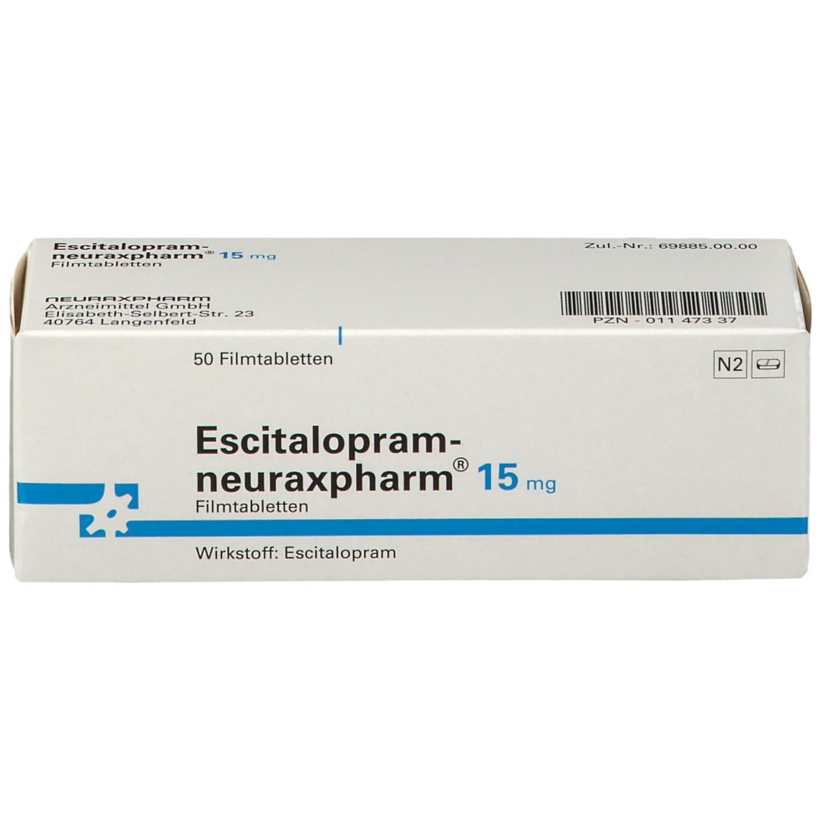 Schachtel mit Escitalopram neuraxpharm 15 mg Filmtabletten. Aufschrift: 50 Filmtabletten. Blaue und weiße Verpackung.