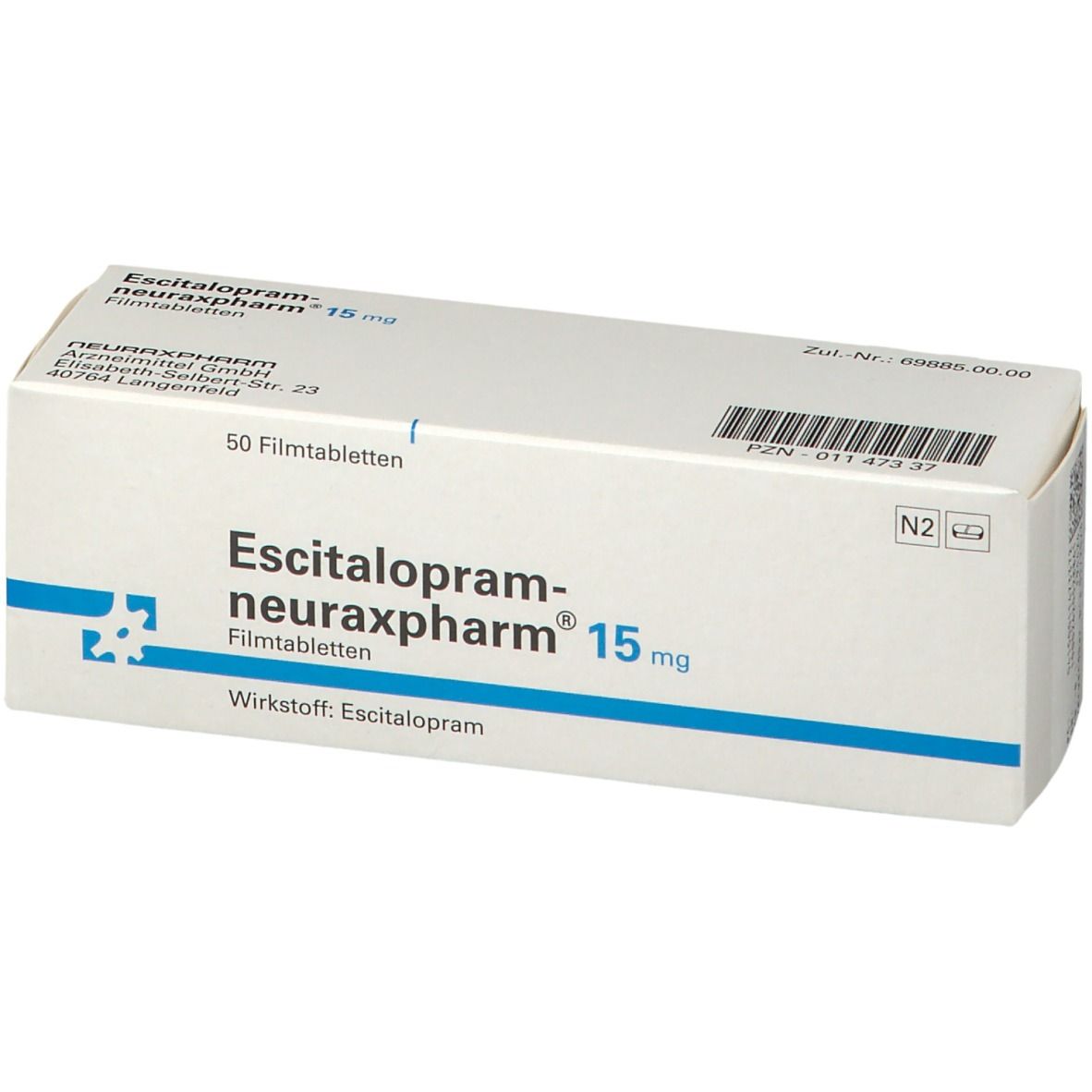 Schachtel mit Escitalopram neuraxpharm 15 mg Filmtabletten. Aufschrift: 50 Filmtabletten. Blaue und weiße Verpackung.