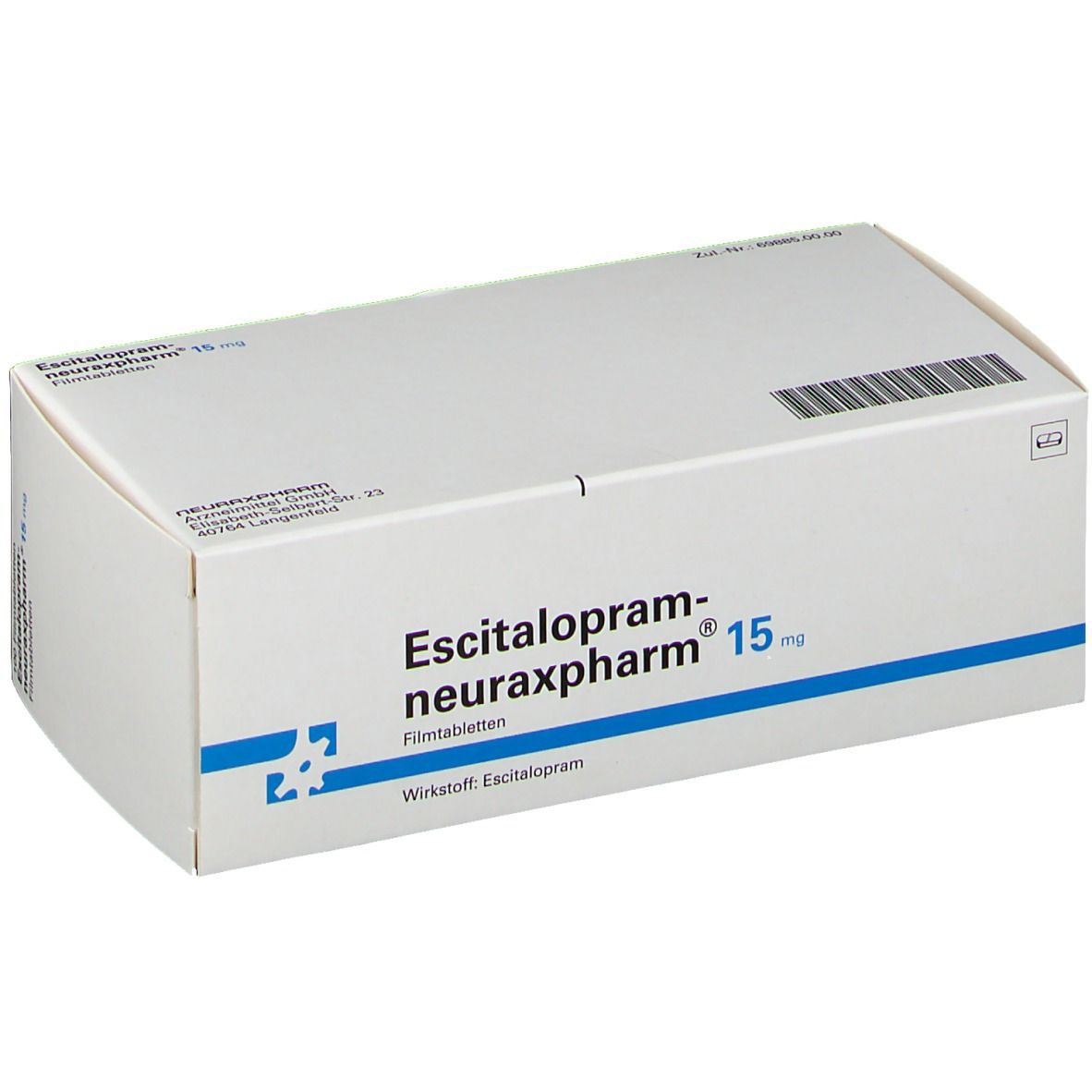 Schachtel mit Escitalopram neuraxpharm 15 mg Filmtabletten. Aufschrift: 50 Filmtabletten. Blaue und weiße Verpackung.