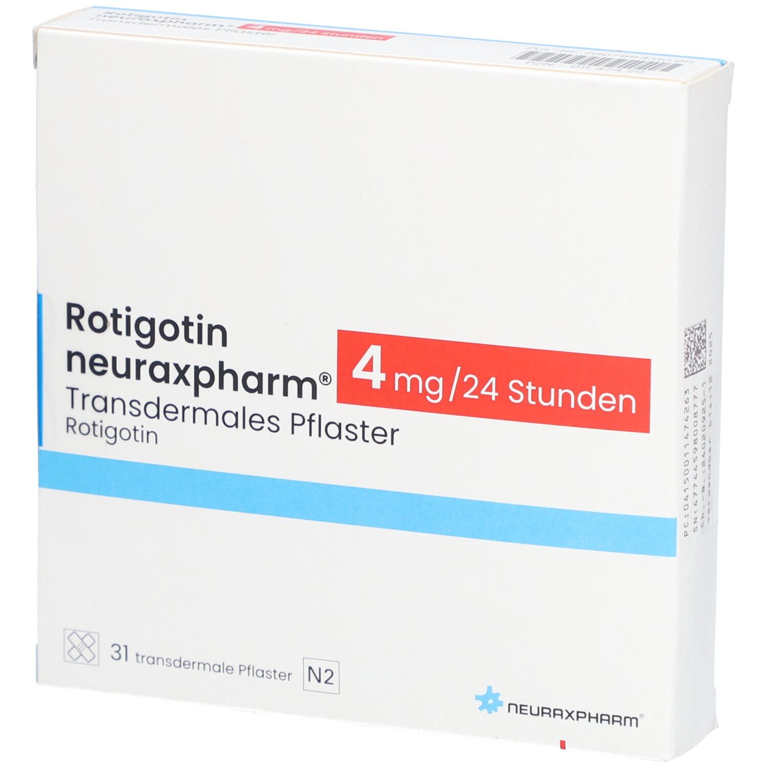 Schachtel mit Produktnamen und Dosierung. Blaue und rote Akzente. Enthält 31 transdermale Pflaster.