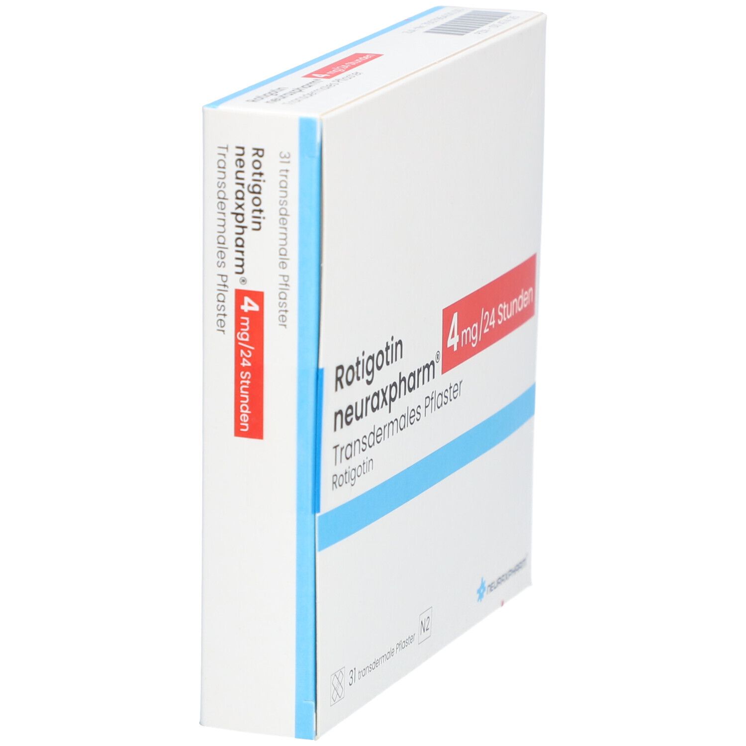 Schachtel, schräg von der Seite. Produktname und Dosierung sichtbar. Blaue und rote Akzente.
