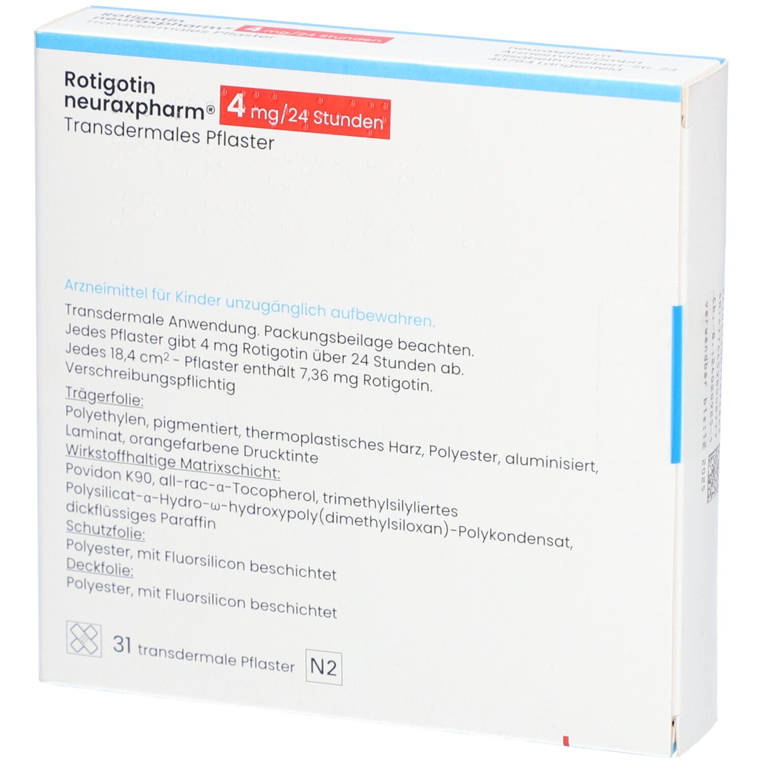 Rückseite der Schachtel mit Text. Enthält Informationen zu Inhaltsstoffen und Anwendung.