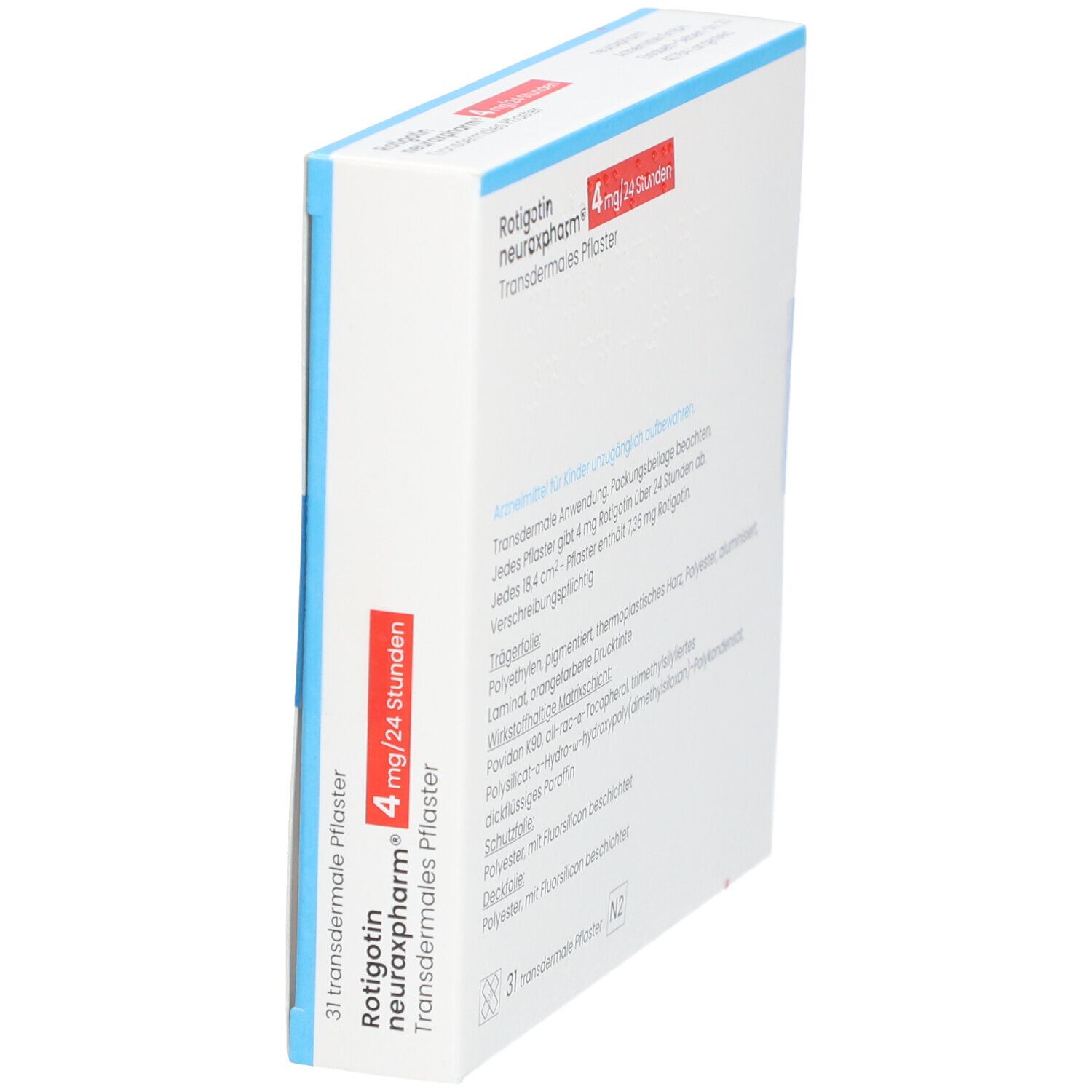 Schachtel, schräg von der Seite. Text und Dosierung sichtbar. Blaue und rote Akzente.