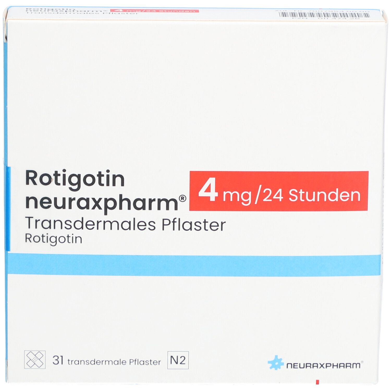 Schachtel mit Produktnamen und Dosierung. Blaue und rote Akzente. Enthält 31 transdermale Pflaster.