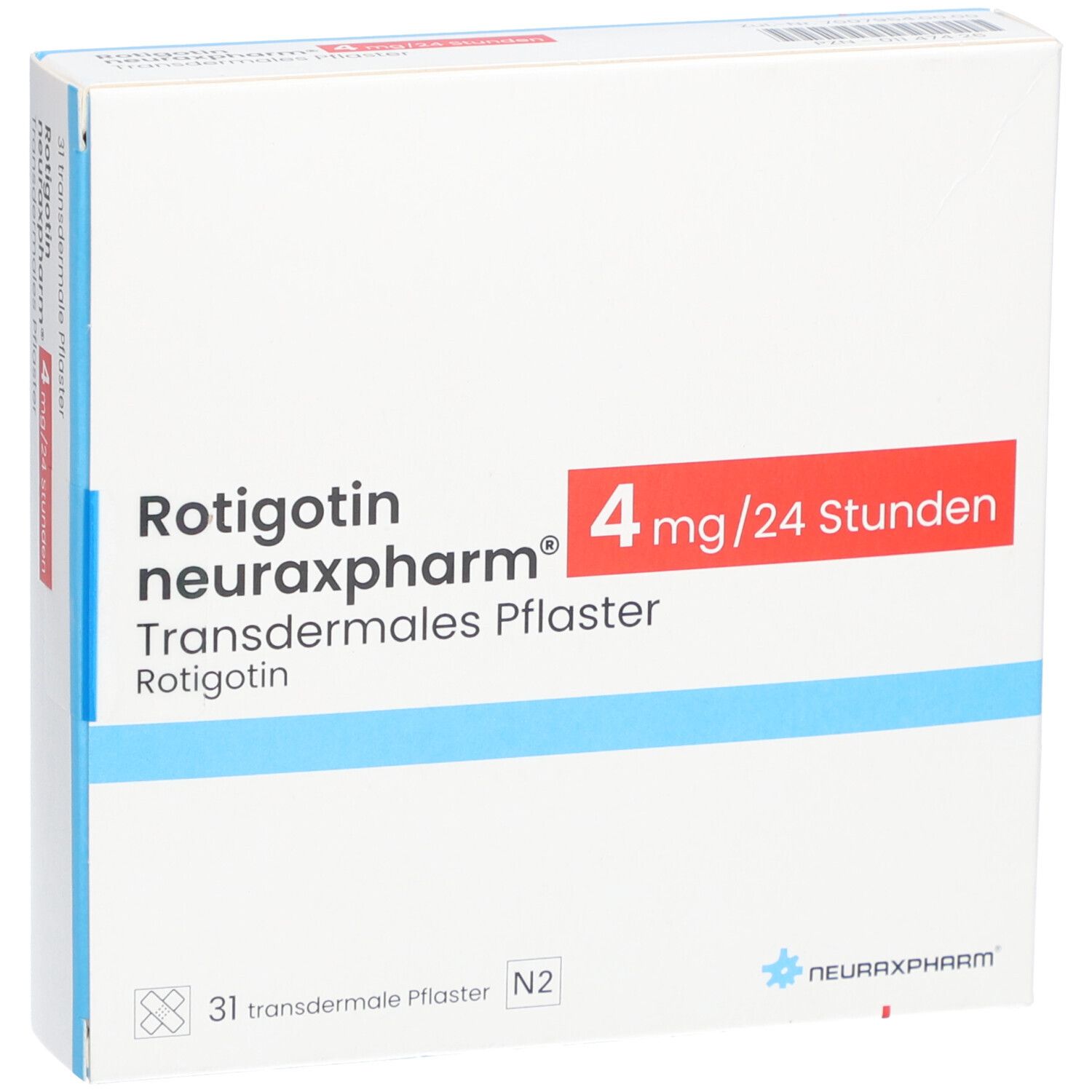 Schachtel mit Produktnamen und Dosierung. Blaue und rote Akzente. Enthält 31 transdermale Pflaster.