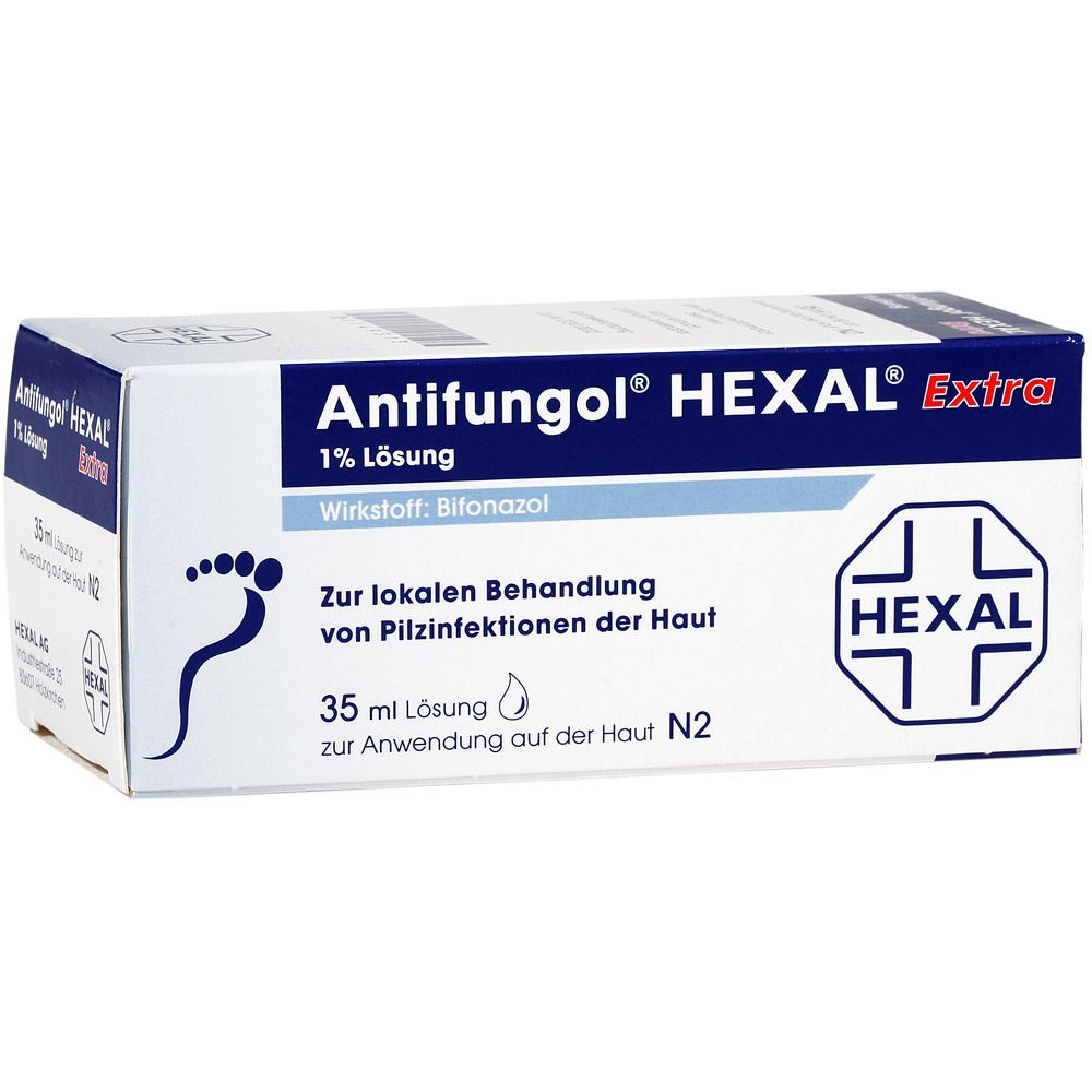 Weiße Schachtel mit blauer Schrift. Aufschrift: Antifungol HEXAL Extra 1% Lösung. Enthält Bifonazol. Für Pilzinfektionen der Haut.