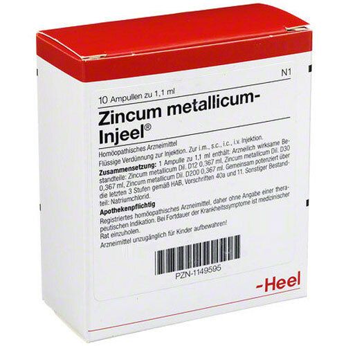 Weißer Karton mit rotem Deckel. Beschriftung: Zincum metallicum-Injeel®, 10 Ampullen. Text in Deutsch. Marke: Heel.