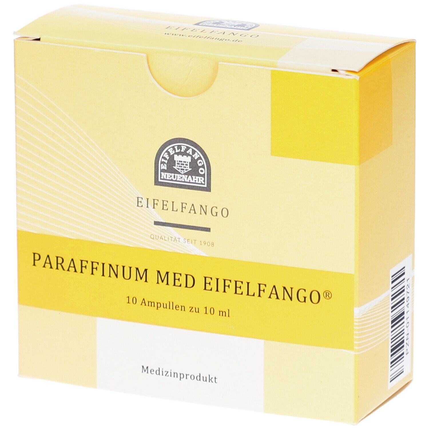 Gelbe Schachtel mit "PARAFFINUM MED EIFELFANGO". Enthält 10 Ampullen. Medizinprodukt.