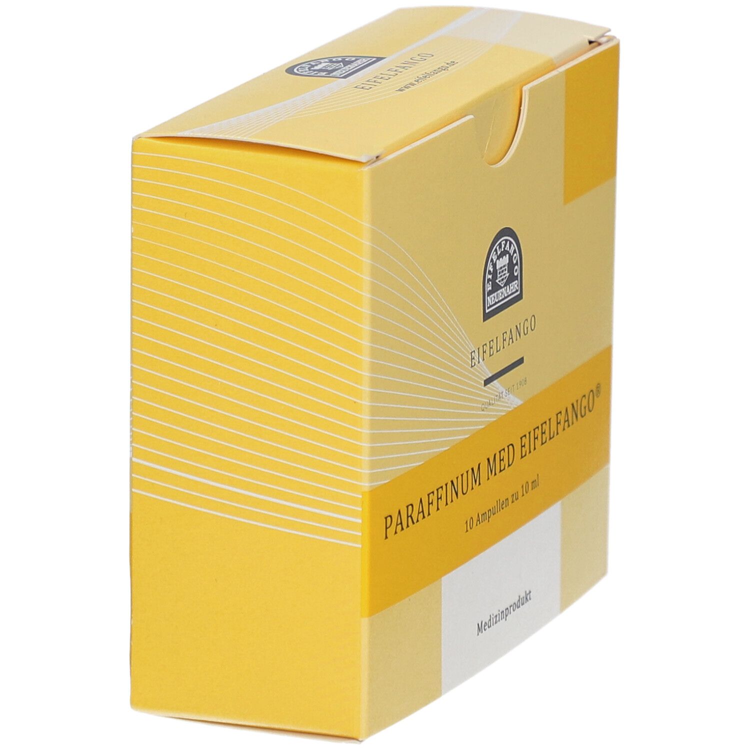 Gelbe Schachtel, "PARAFFINUM MED EIFELFANGO". Seitenansicht. Medizinprodukt.