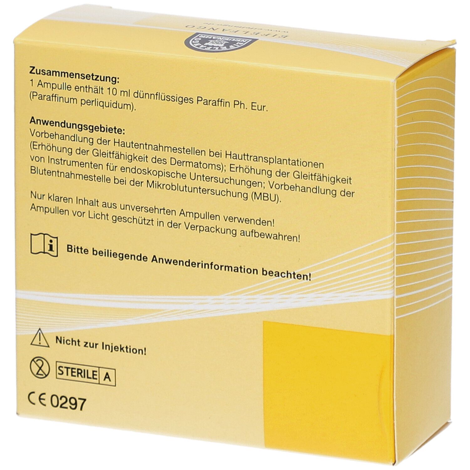Gelbe Schachtel mit Text. Enthält Informationen zu Inhaltsstoffen, Anwendung und Warnhinweisen. Steril A-Kennzeichnung.
