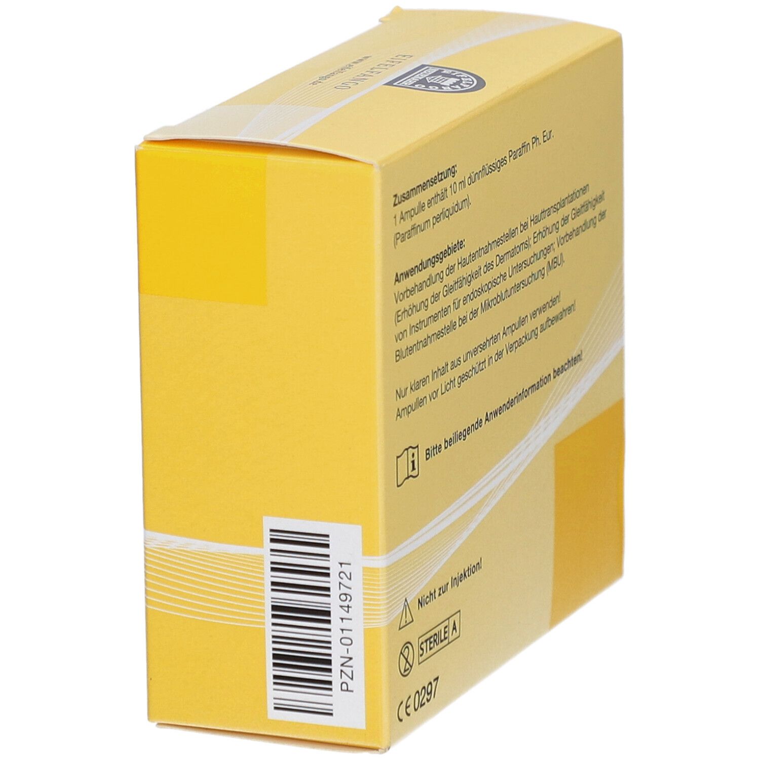 Gelbe Schachtel, Seitenansicht mit Text und Barcode. Enthält Informationen und Warnhinweise. Steril A-Kennzeichnung.