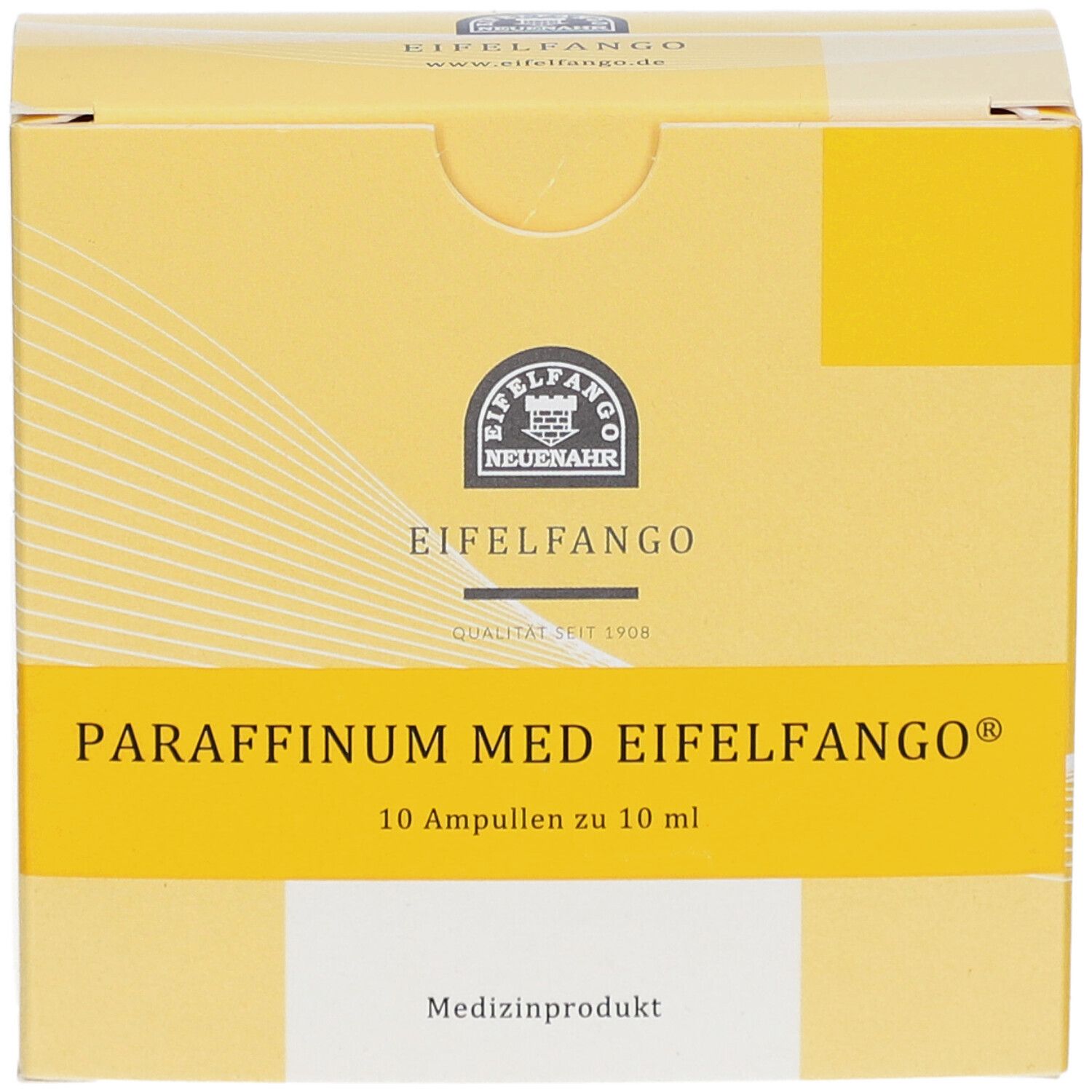 Gelbe Schachtel mit Produktnamen und Logo. Enthält 10 Ampullen. Medizinprodukt-Kennzeichnung.