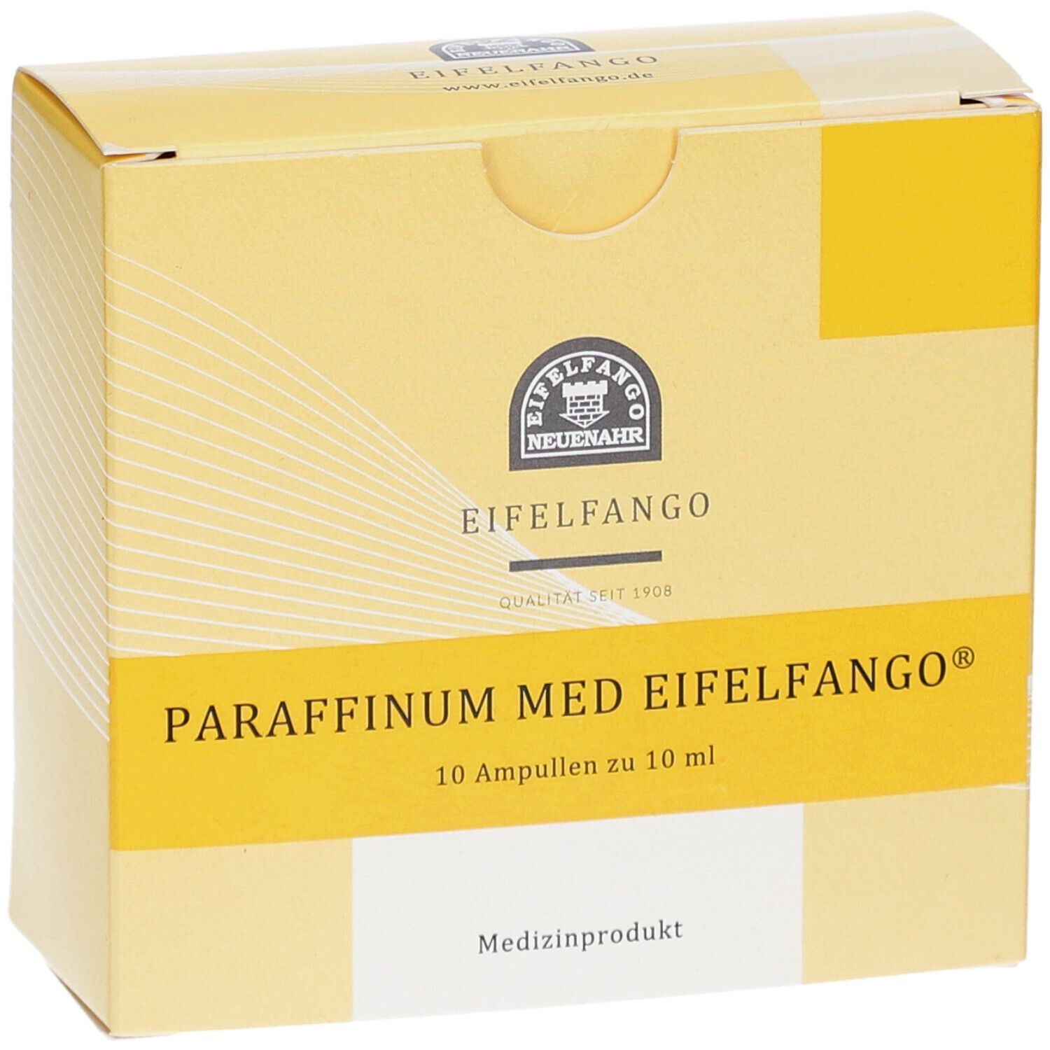 Gelbe Schachtel, "PARAFFINUM MED EIFELFANGO". Enthält 10 Ampullen. Medizinprodukt.