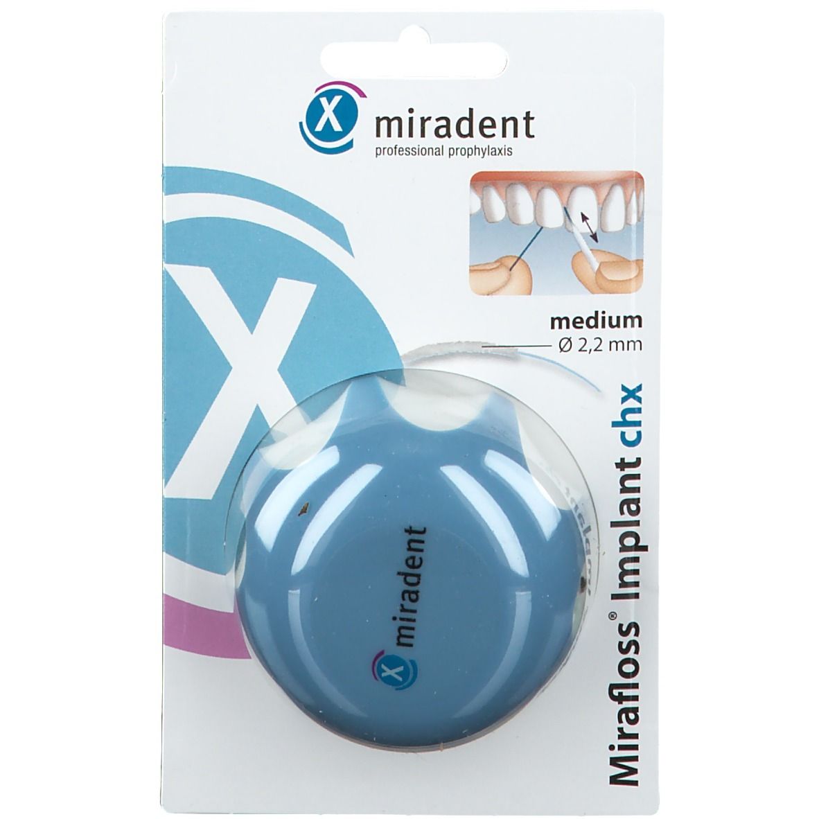 Blaues miradent Mirafloss® Implant chx, Ø 2,2 mm, in Blisterverpackung. Mit Illustration und Markenlogo.
