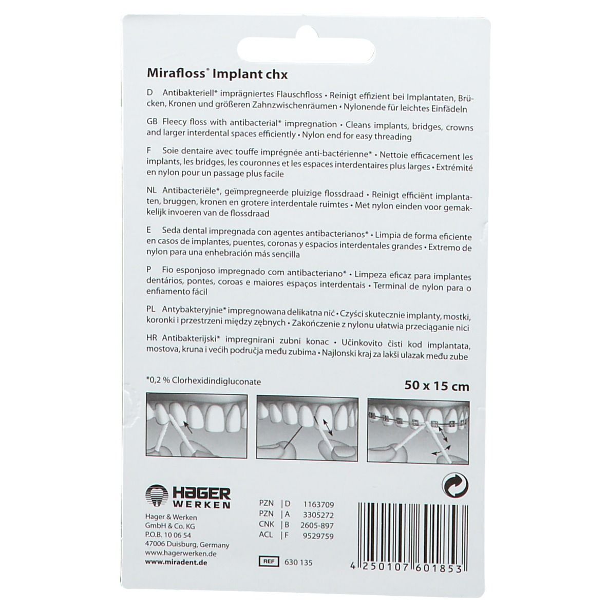 Rückseite der Verpackung von miradent Mirafloss® Implant chx. Text in mehreren Sprachen, Illustrationen und Markenlogo.