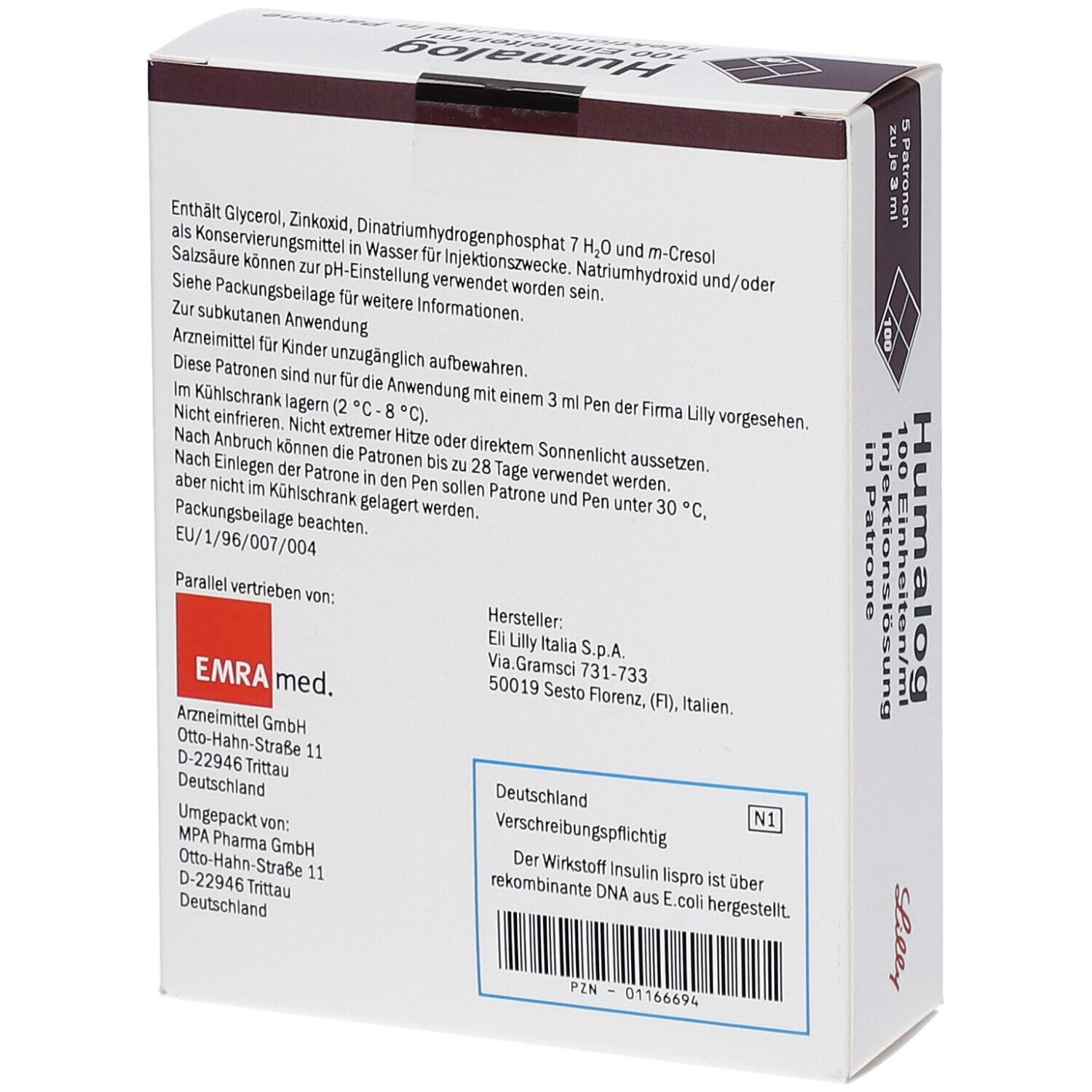 Rückseite der Humalog-Schachtel. Enthält Informationen zu Inhaltsstoffen, Hersteller, und weitere Hinweise. Marke Lilly.