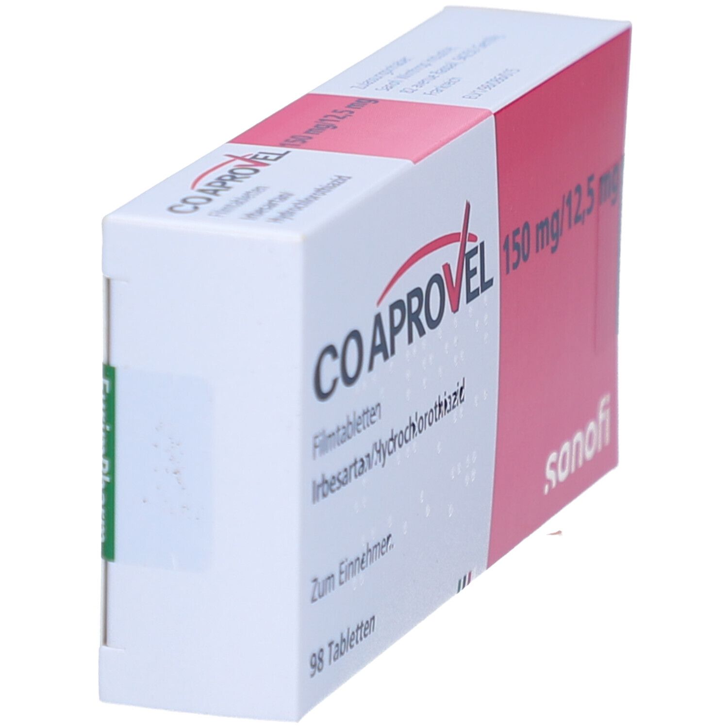 Schachtel Coaprovel 150 mg/12,5 mg. Weiß-rosa Design. Aufschrift: Coaprovel, 150 mg/12,5 mg. Sanofi-Logo. Ansicht schräg.