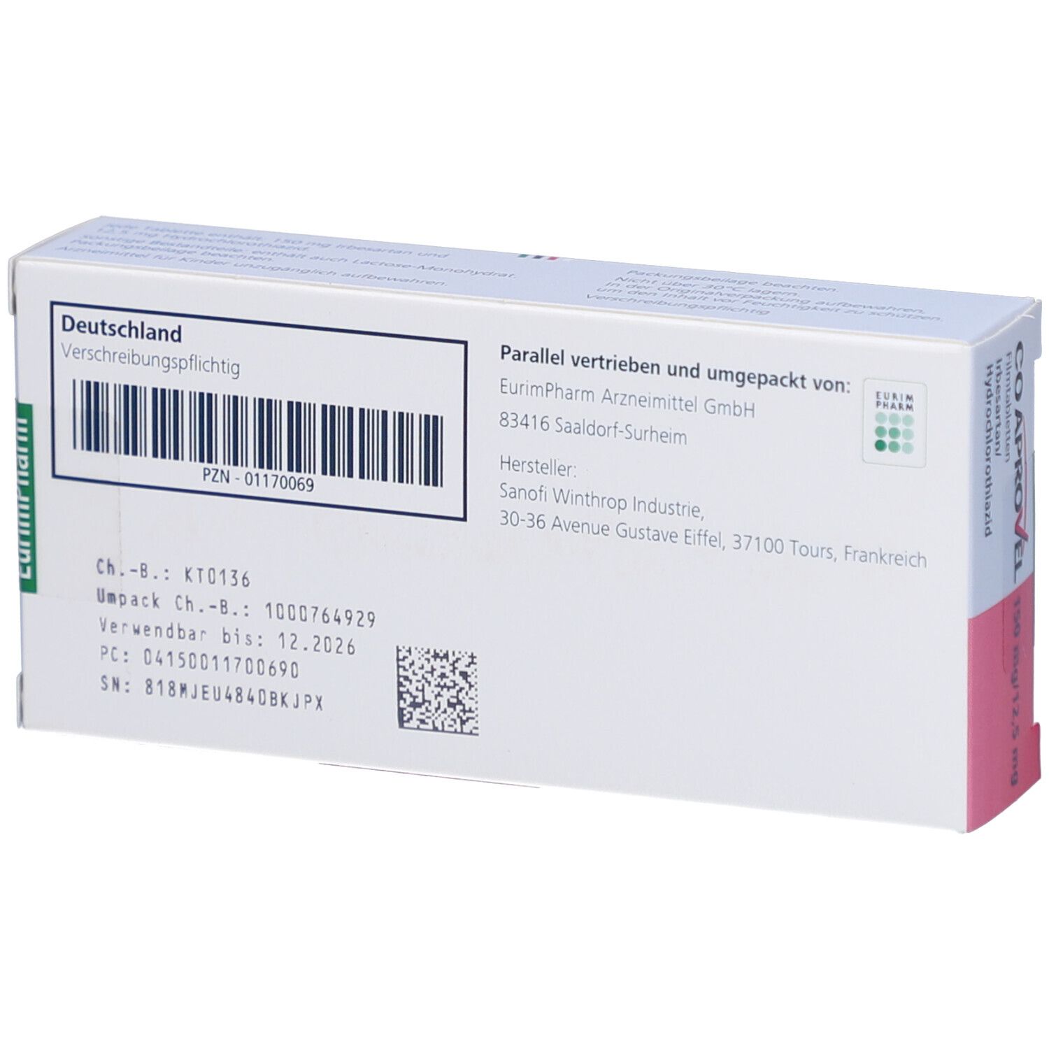 Rückseite der Coaprovel-Schachtel. Text: Deutschland, Chargennummer, Verwendbar bis, PZN-Nummer, Hersteller- und Vertriebsinformationen.