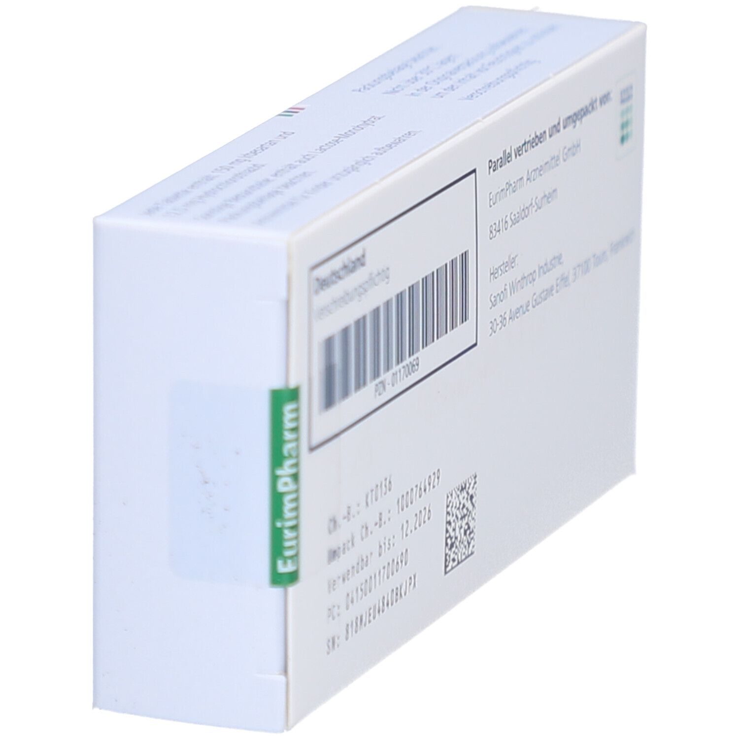 Schachtel Coaprovel, Rückseite. Barcode, Chargennummer, Verwendbar bis, PZN-Nummer. Hersteller- und Vertriebsinformationen. Siegel.