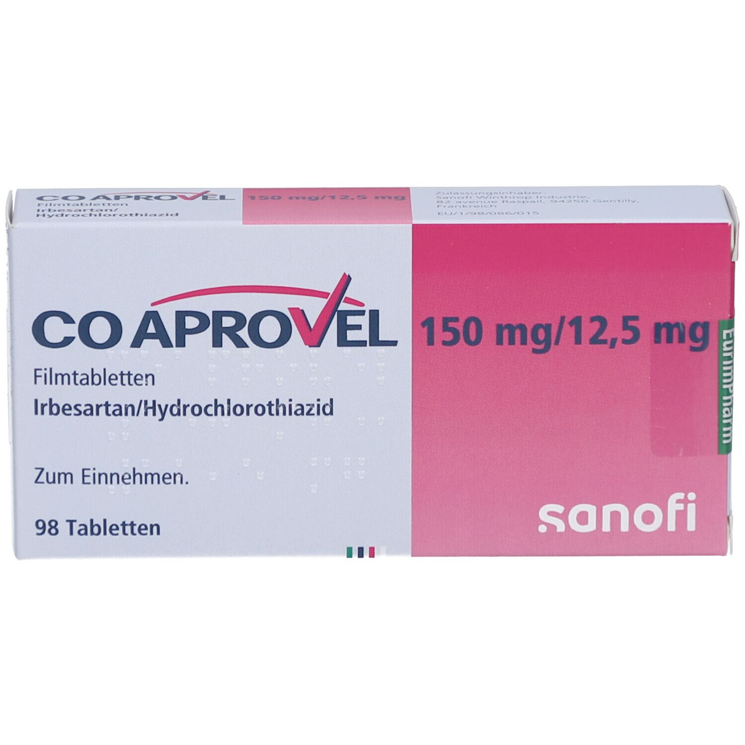 Schachtel Coaprovel 150 mg/12,5 mg. Weiß-rosa Design. Aufschrift: Coaprovel, 98 Tabletten, 150 mg/12,5 mg. Sanofi-Logo.