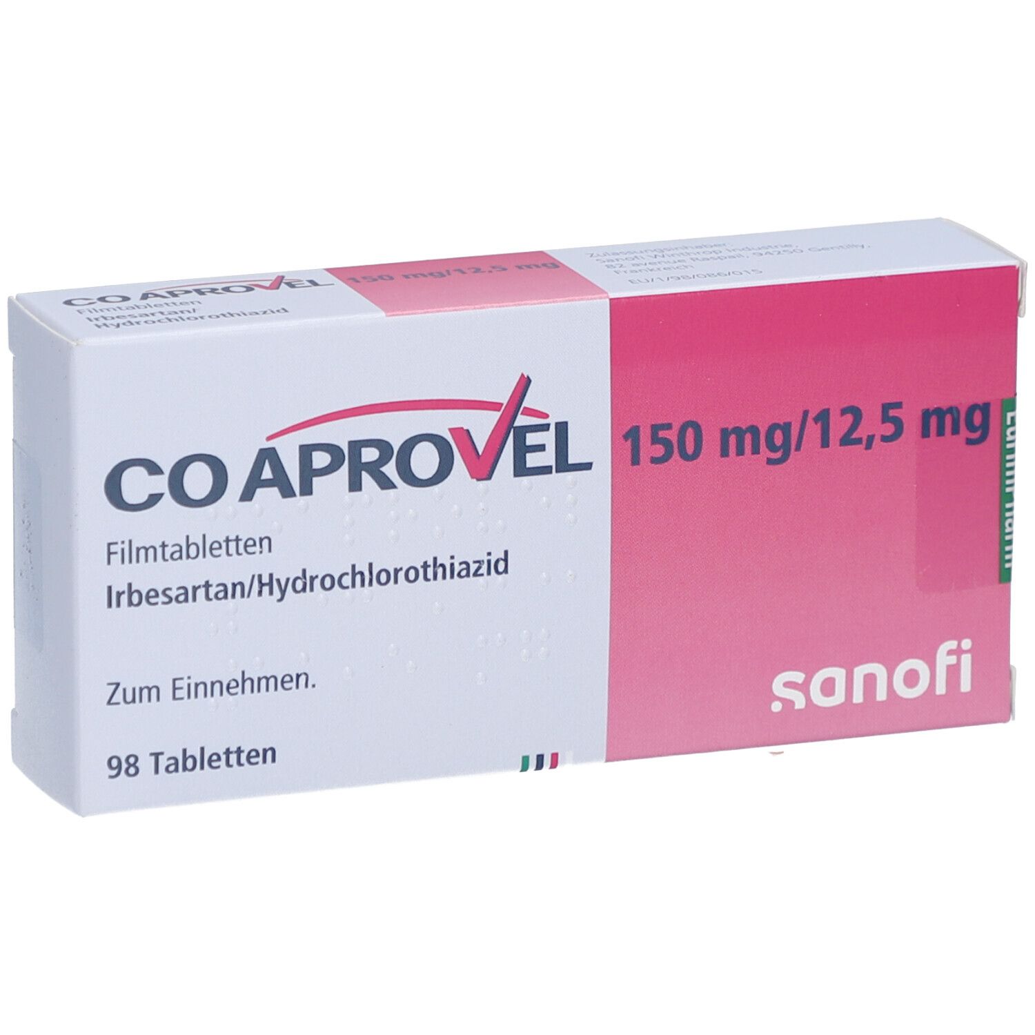 Schachtel Coaprovel 150 mg/12,5 mg. Weiß-rosa Design. Aufschrift: Coaprovel, 150 mg/12,5 mg. Sanofi-Logo. Ansicht schräg.