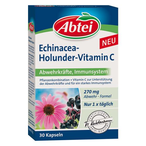 Karton mit Produktnamen Echinacea-Holunder-Vitamin C von Abtei. Enthält 30 Kapseln. Aufschrift: Abwehrkräfte, Immunsystem. Mit Zertifikat.