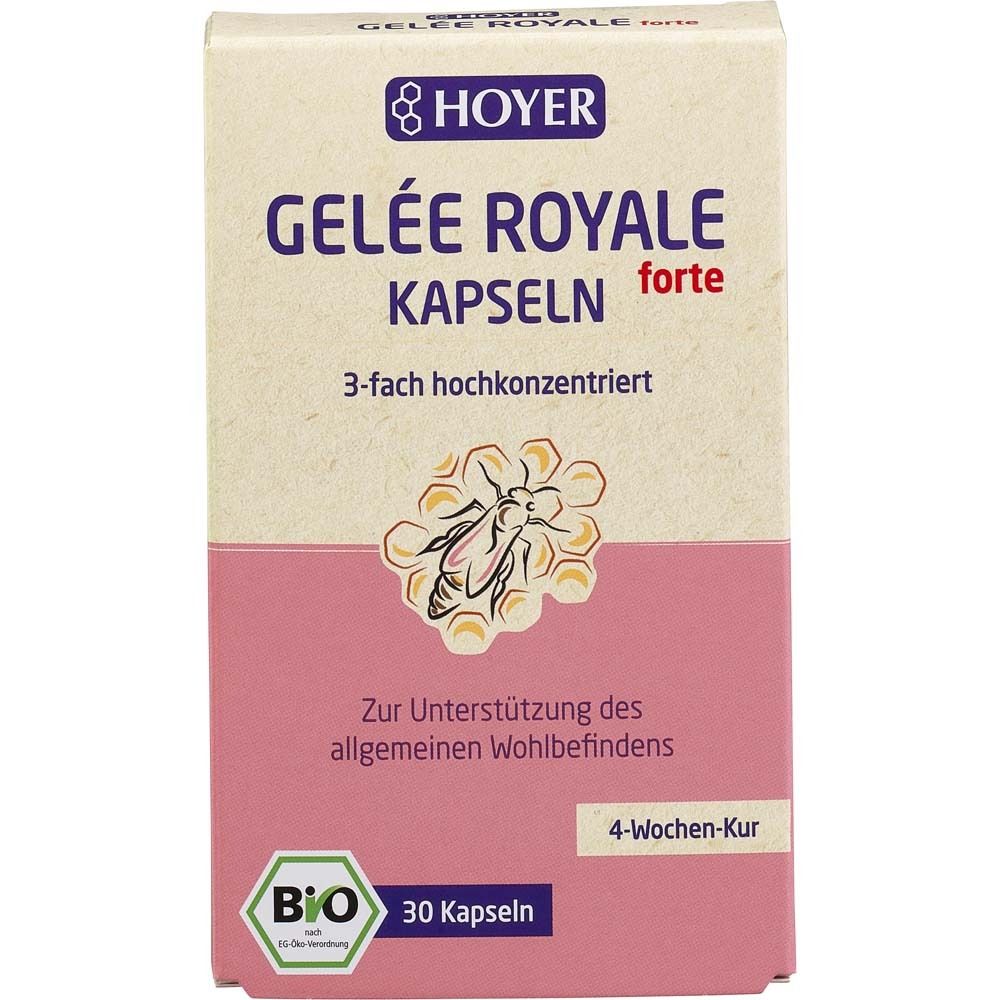 Karton mit HOYER Gelée Royale forte Kapseln. Aufschrift: Gelée Royale Kapseln forte, 3-fach hochkonzentriert, 30 Kapseln.