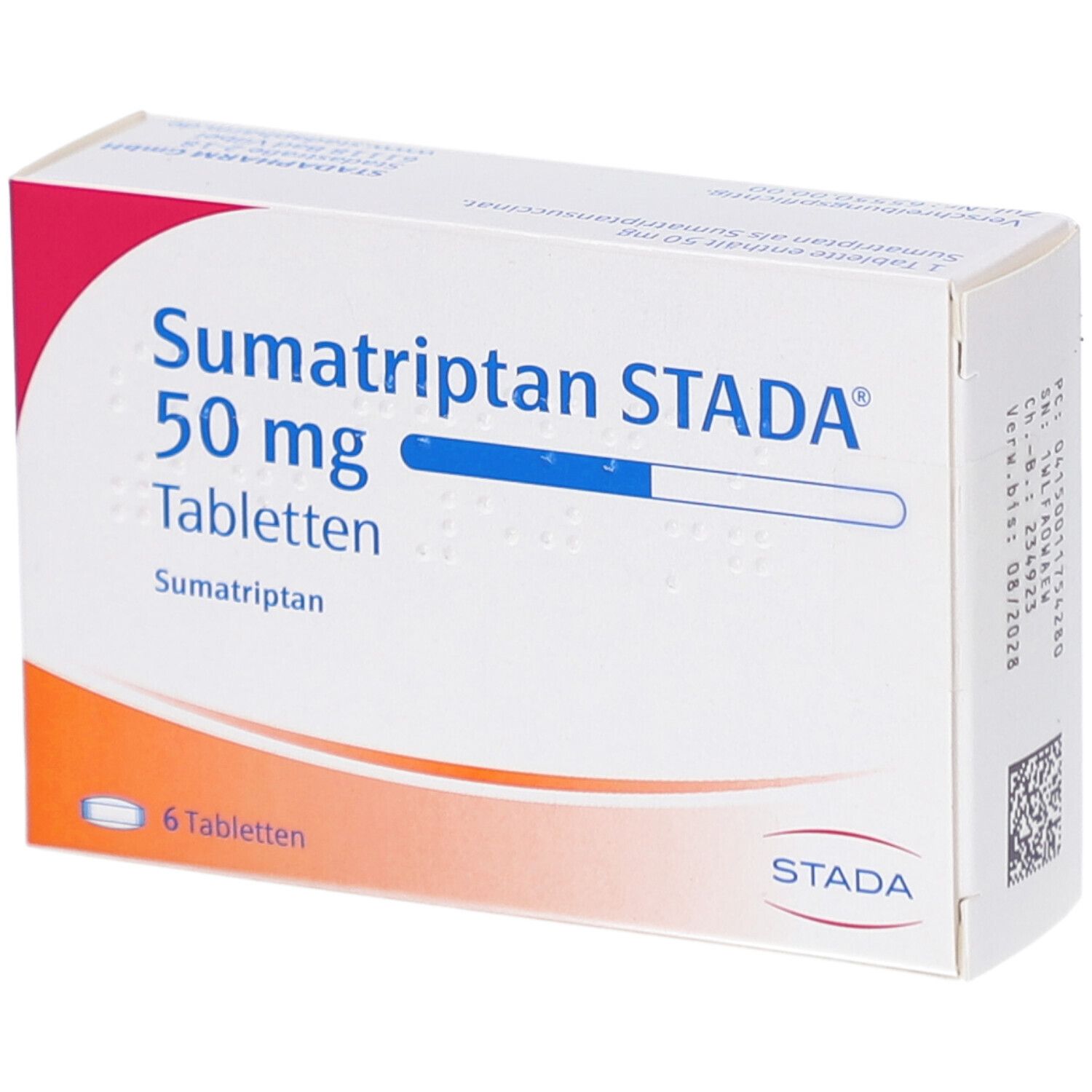Schachtel mit Sumatriptan STADA 50 mg Tabletten. Aufschrift: 6 Tabletten. Logo STADA. Weiße und rote Verpackung.