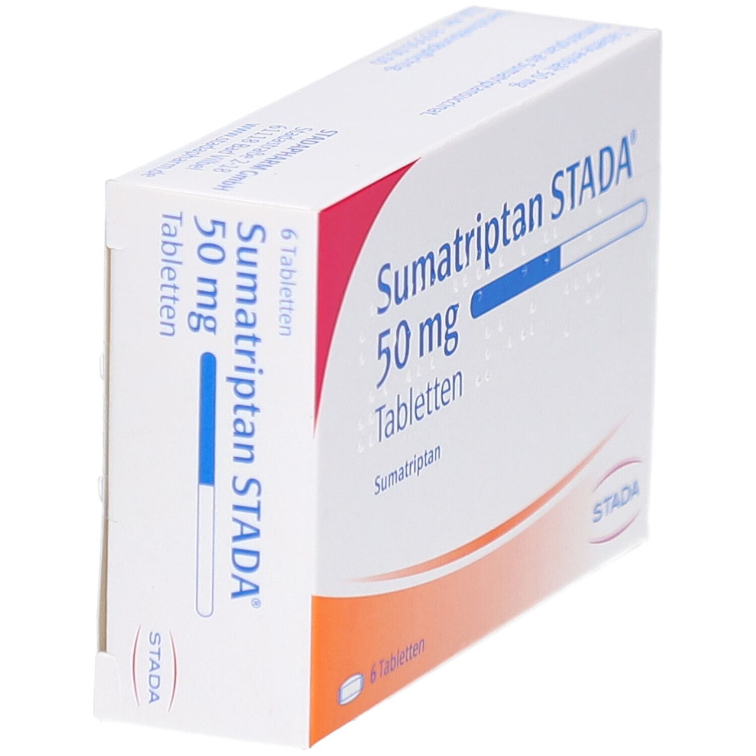 Schachtel Sumatriptan STADA 50 mg Tabletten, schräg. Aufschrift: 6 Tabletten. Logo STADA. Weiße und rote Verpackung.