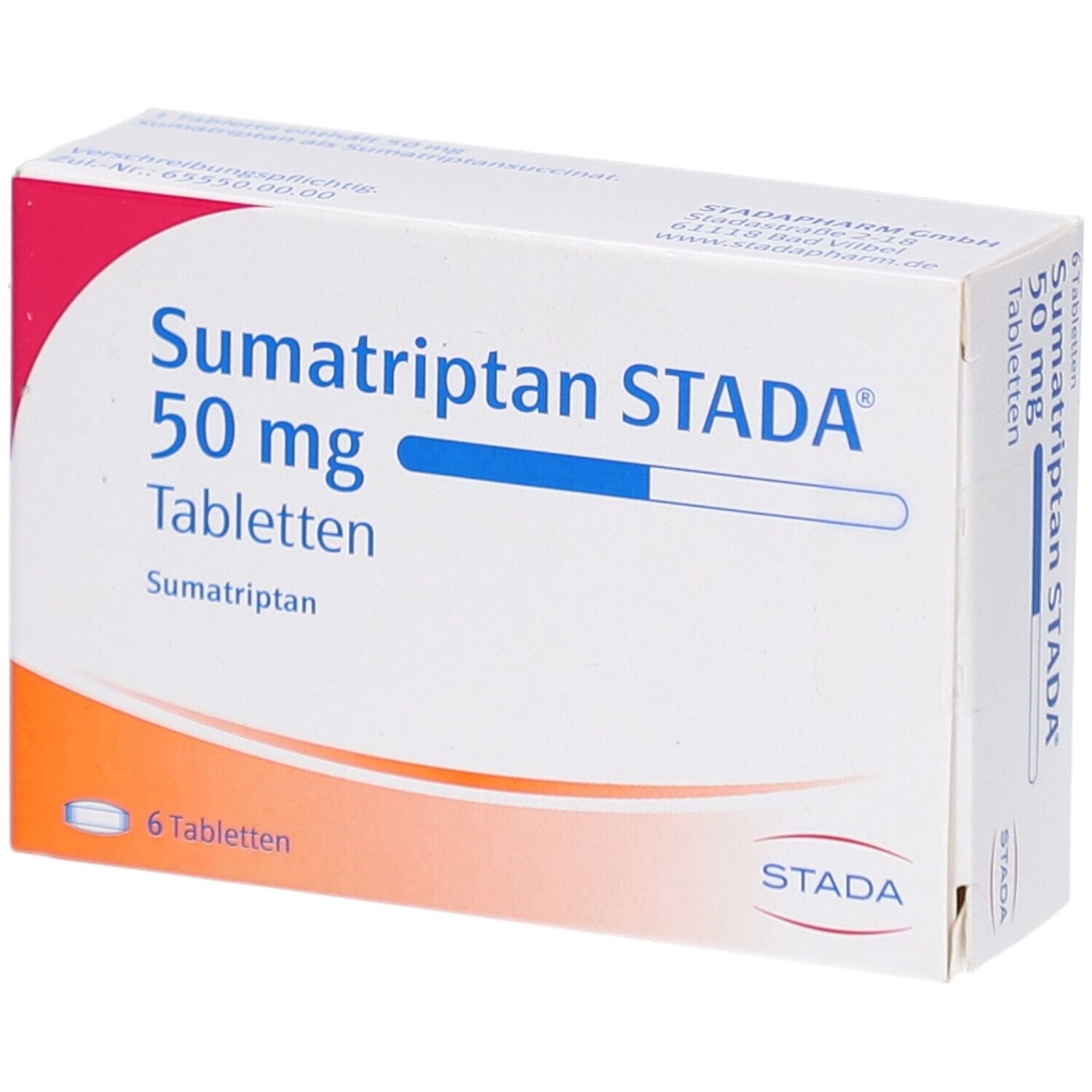 Schachtel mit Sumatriptan STADA 50 mg Tabletten. Aufschrift: 6 Tabletten. Logo STADA. Weiße und rote Verpackung.