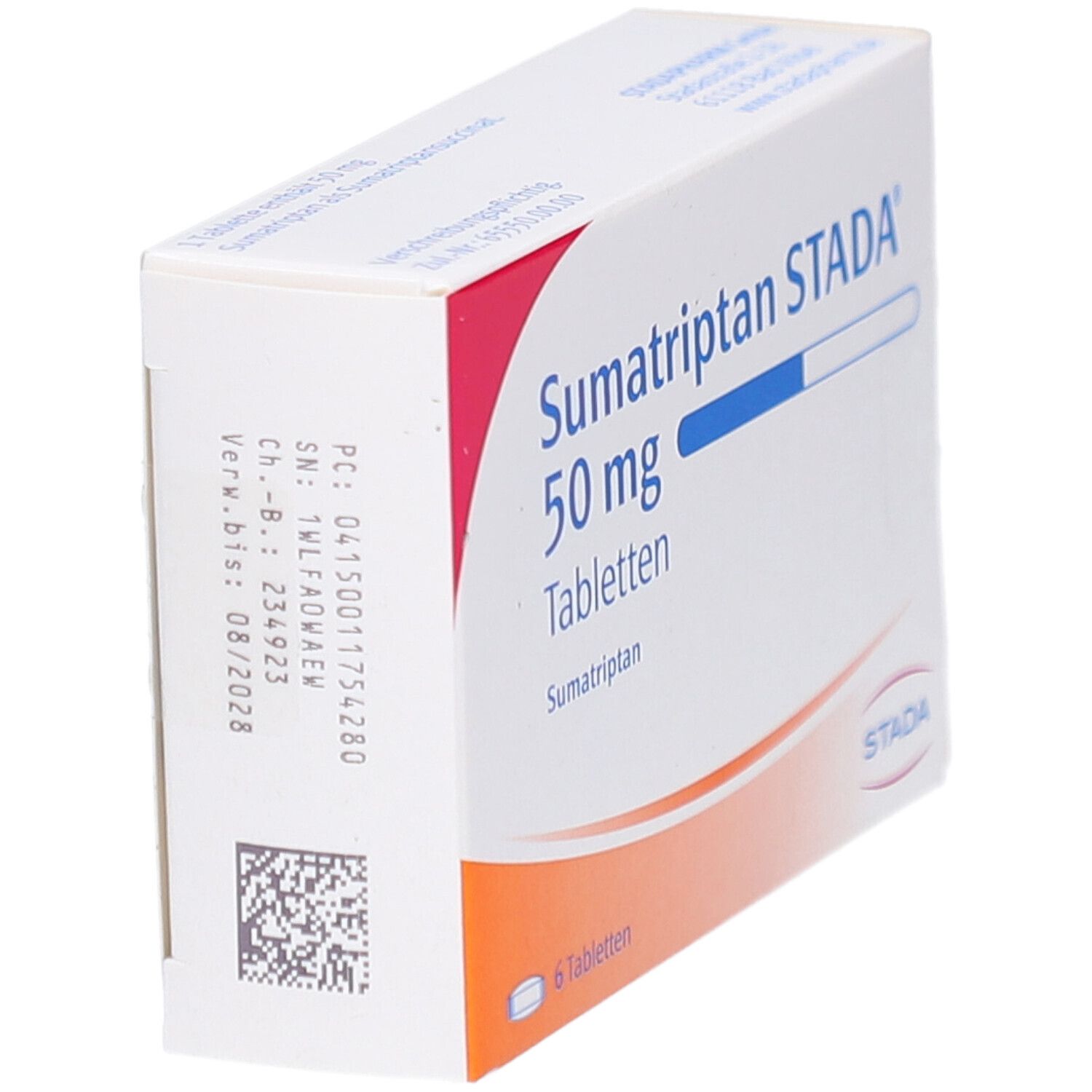 Schachtel Sumatriptan STADA 50 mg Tabletten, schräg. Aufschrift: 6 Tabletten. Logo STADA. Weiße und rote Verpackung.