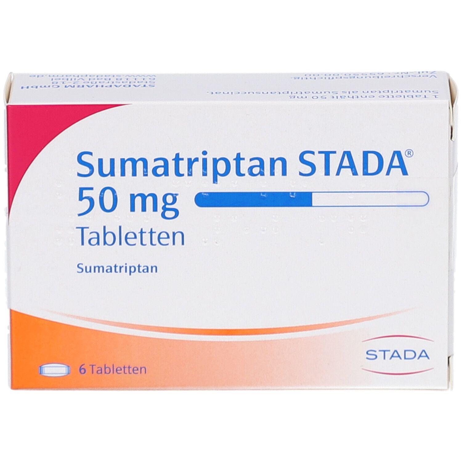 Schachtel mit Sumatriptan STADA 50 mg Tabletten. Aufschrift: 6 Tabletten. Logo STADA. Weiße und rote Verpackung.