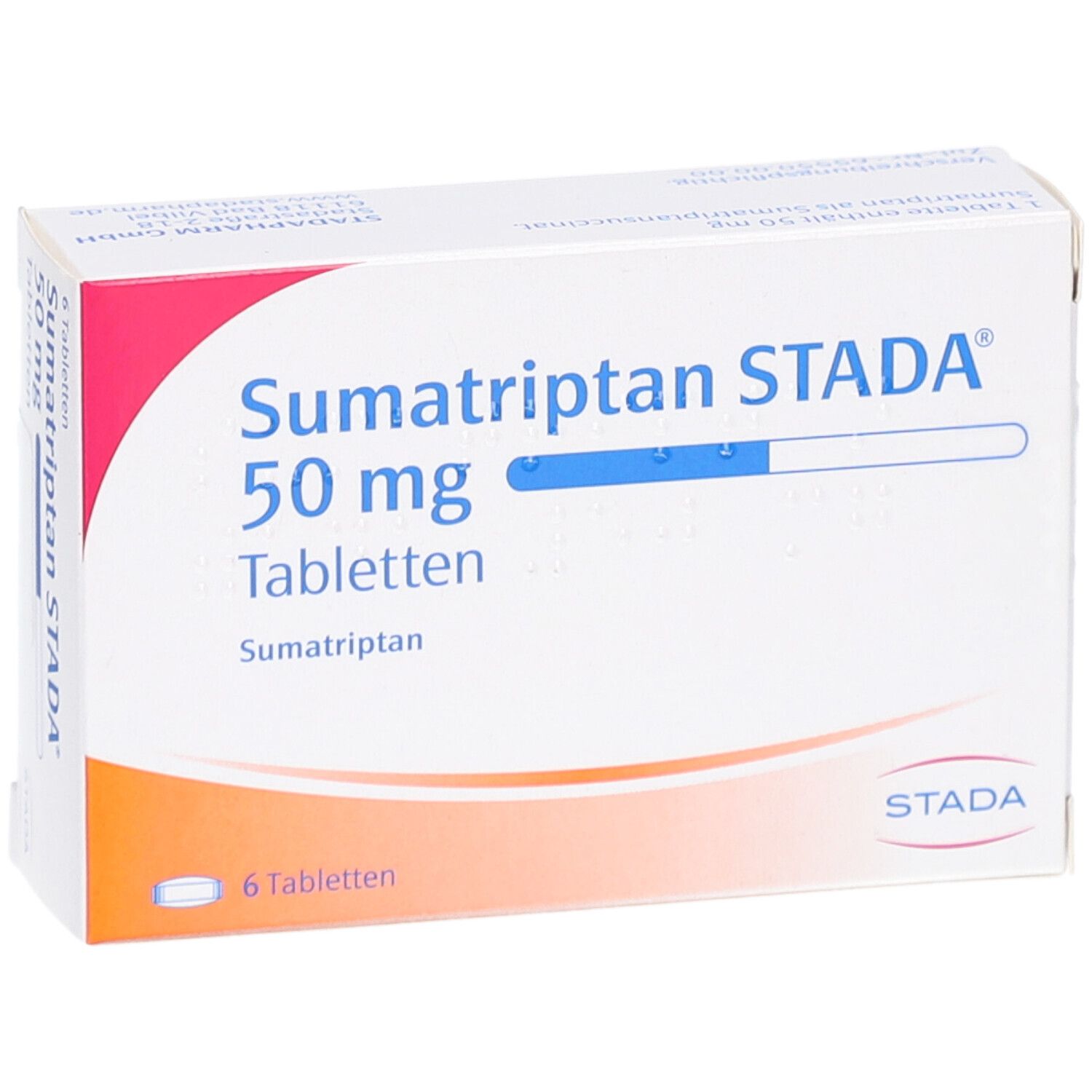 Schachtel mit Sumatriptan STADA 50 mg Tabletten. Aufschrift: 6 Tabletten. Logo STADA. Weiße und rote Verpackung.