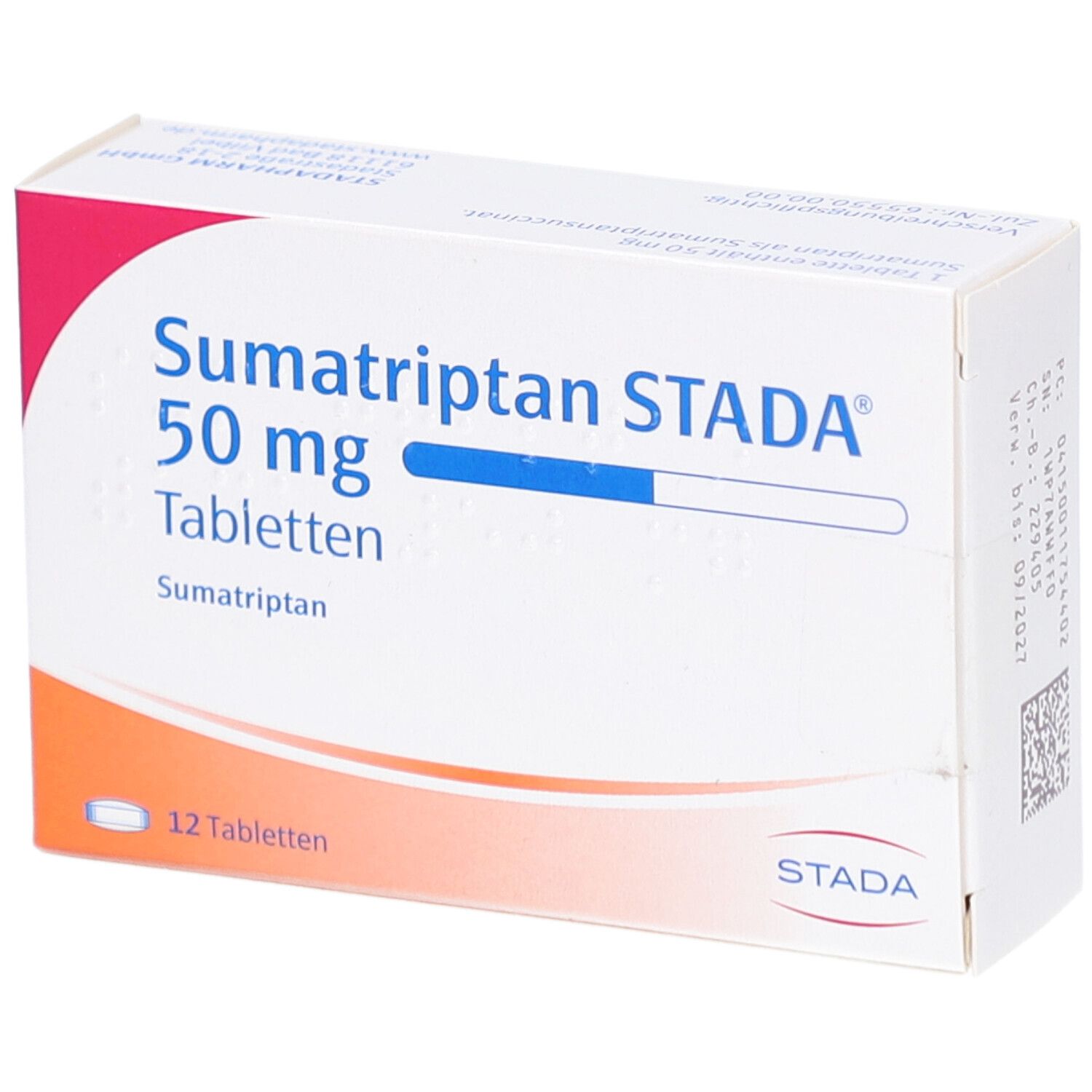Schachtel mit Sumatriptan STADA 50 mg Tabletten. Aufschrift: 12 Tabletten. STADA Logo. Weiß, rot und blau.