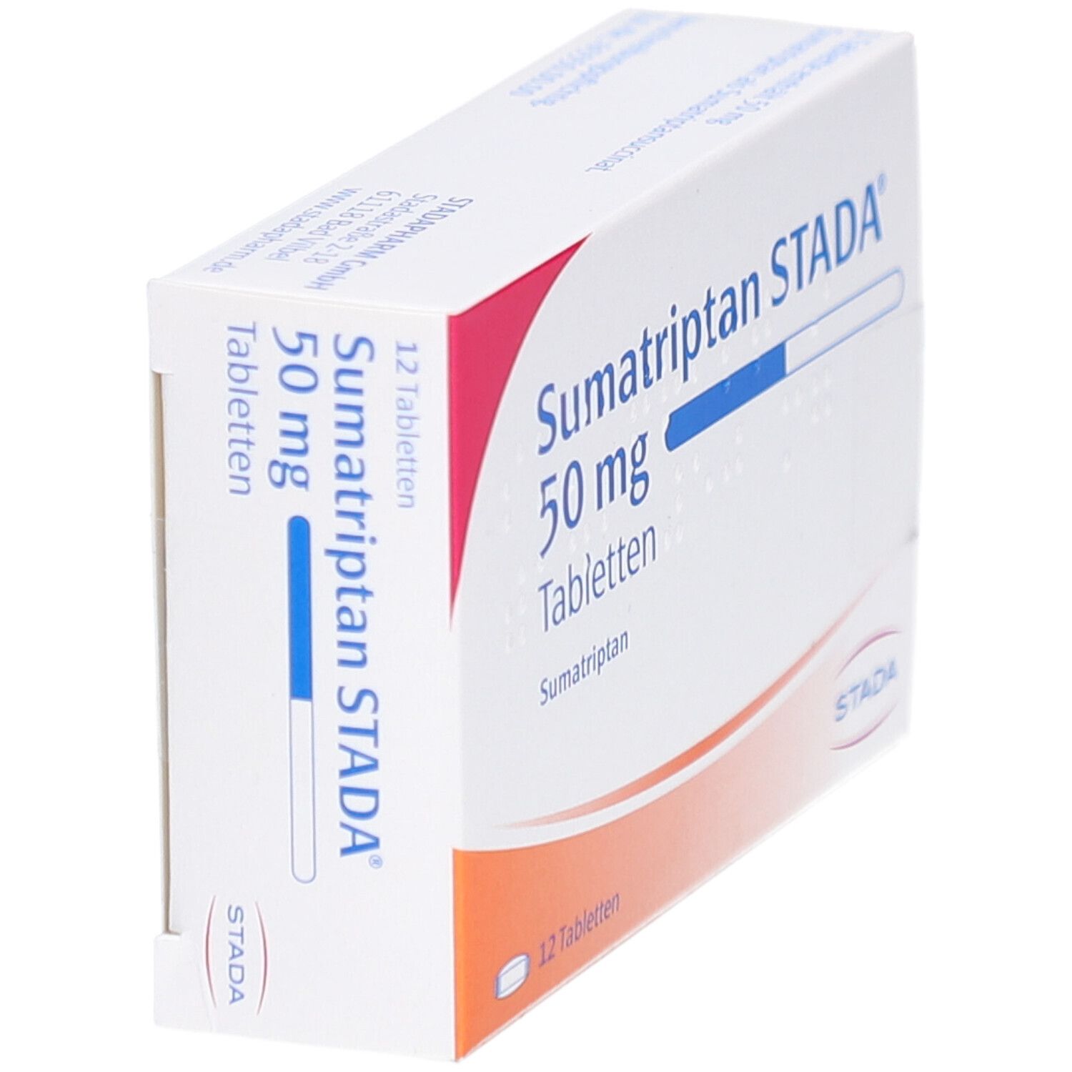 Schachtel Sumatriptan STADA 50 mg Tabletten. Seitenansicht. Aufdruck: 12 Tabletten. STADA Logo. Weiß, rot und blau.