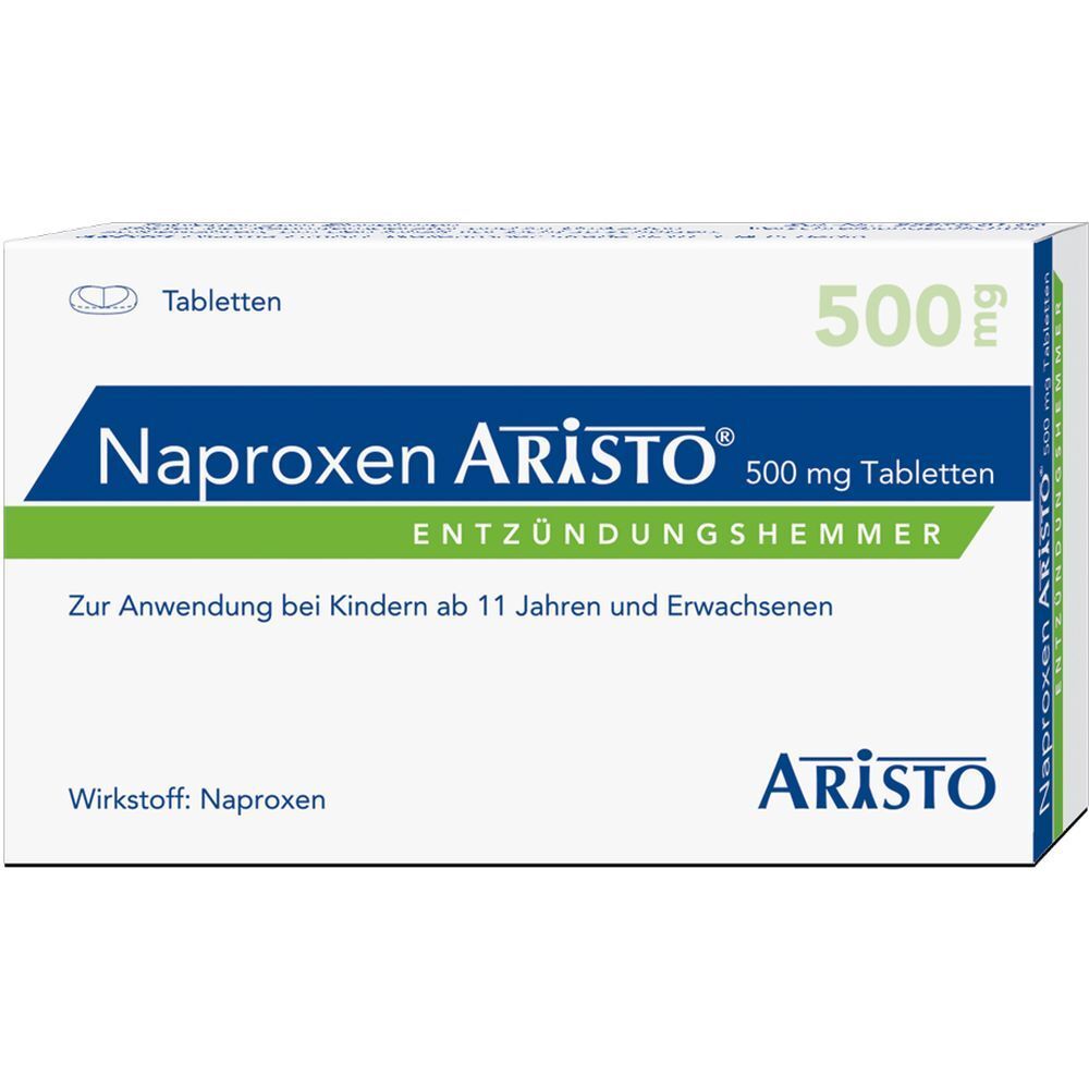 Schachtel mit Naproxen Aristo 500 mg Tabletten. Weiße Verpackung mit grünen und blauen Akzenten. Enthält Tabletten.