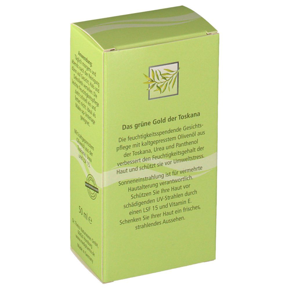 Grüne Schachtel, Text: Das grüne Gold der Toskana. Feuchtigkeitsspendende Gesichtspflege, LSF 15. 50 ml e.