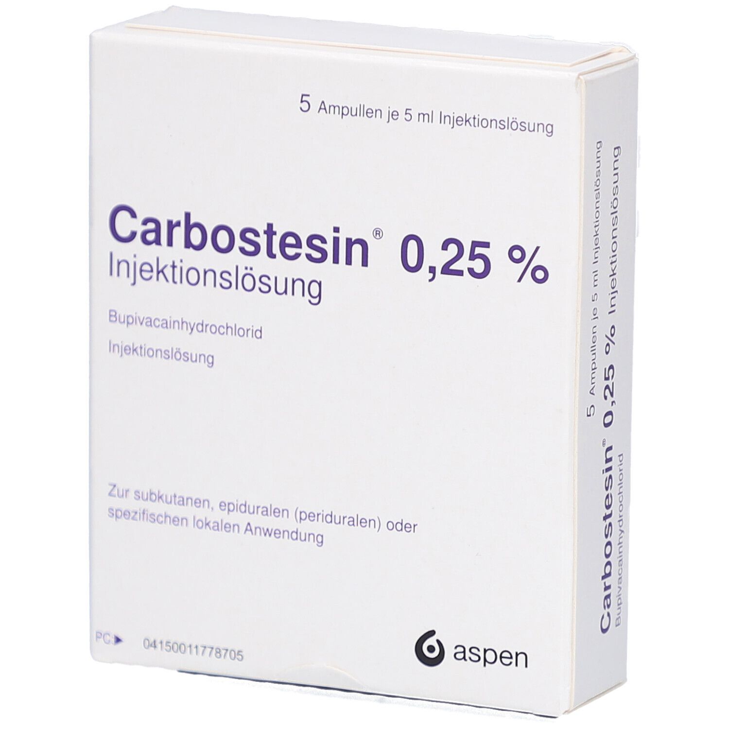 Weißer Karton mit Produktnamen Carbostesin 0,25% Injektionslösung. Enthält 5 Ampullen. Aspen Logo.