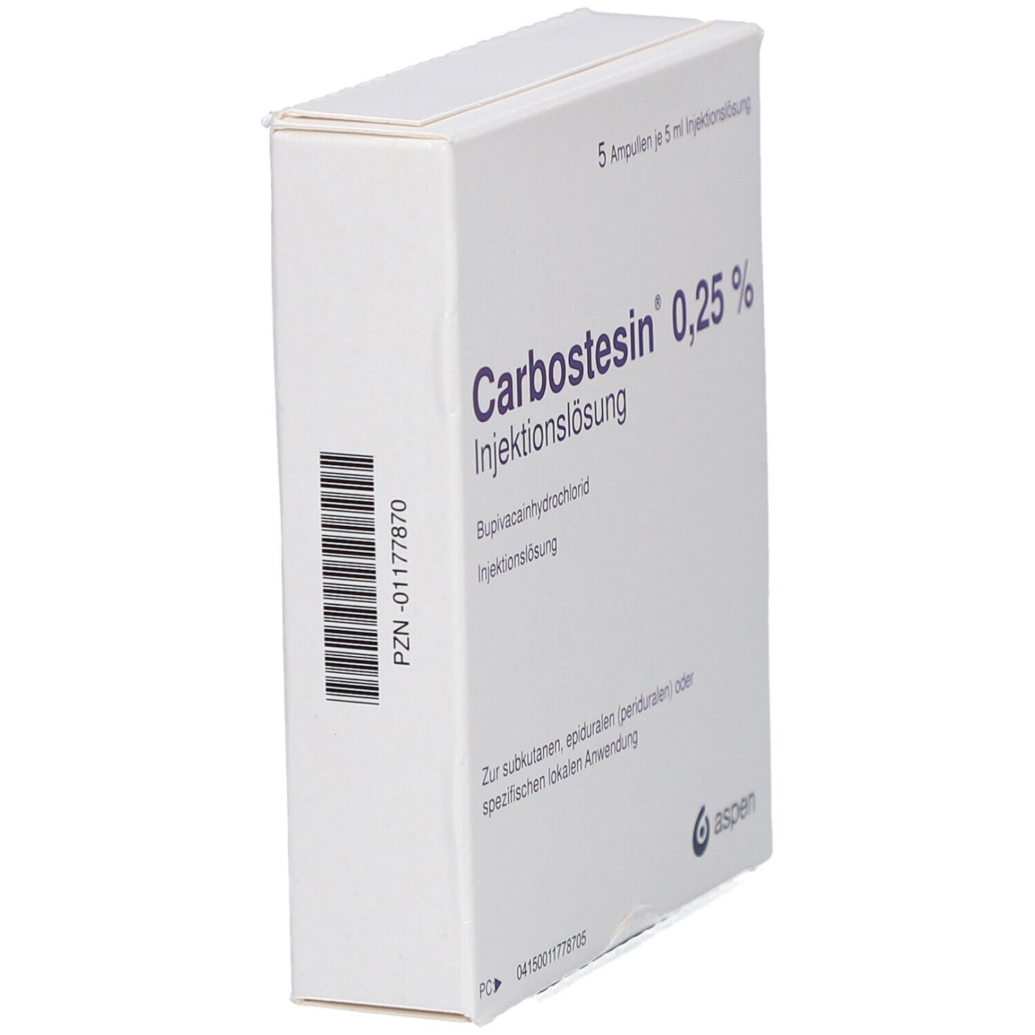 Weißer Karton, Seitenansicht. Produktname Carbostesin 0,25% Injektionslösung. Barcode und PZN-Nummer.