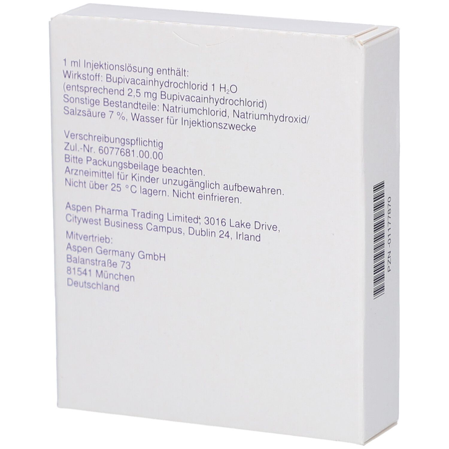Rückseite des weißen Kartons. Informationen zu Inhaltsstoffen, Hersteller und Lagerung. PZN-Nummer.