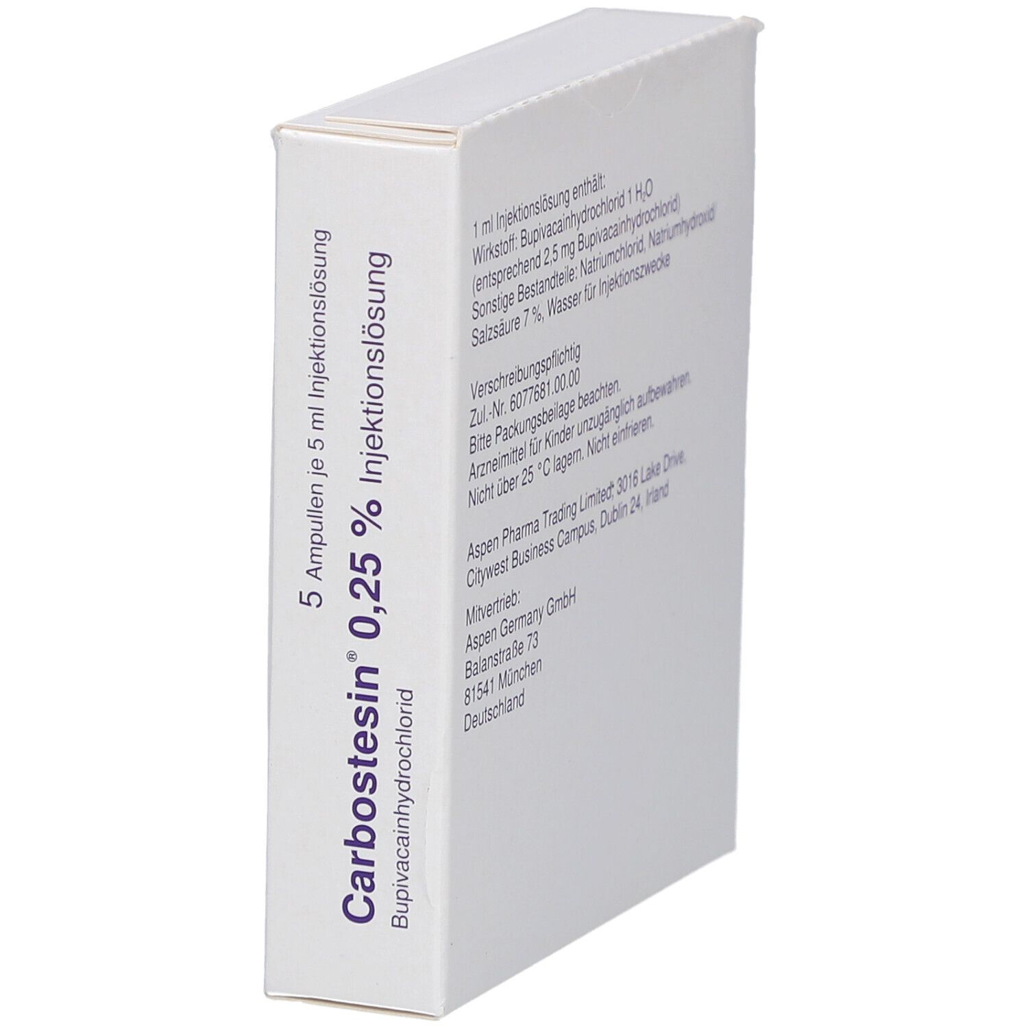 Weißer Karton, Seitenansicht. Produktname Carbostesin 0,25% Injektionslösung. 5 Ampullen. Aspen Logo.