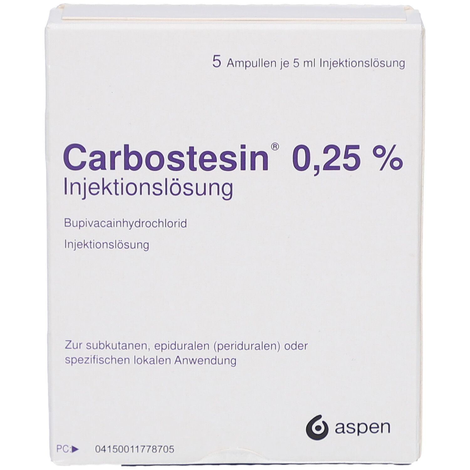 Weißer Karton mit Produktnamen Carbostesin 0,25% Injektionslösung. Enthält 5 Ampullen. Aspen Logo.